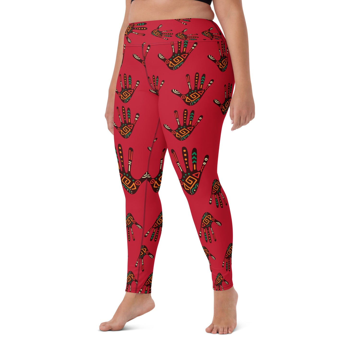 Front view of curvy woman wearing Duro Crimson Tribal Palm Print Athleisure Leggings