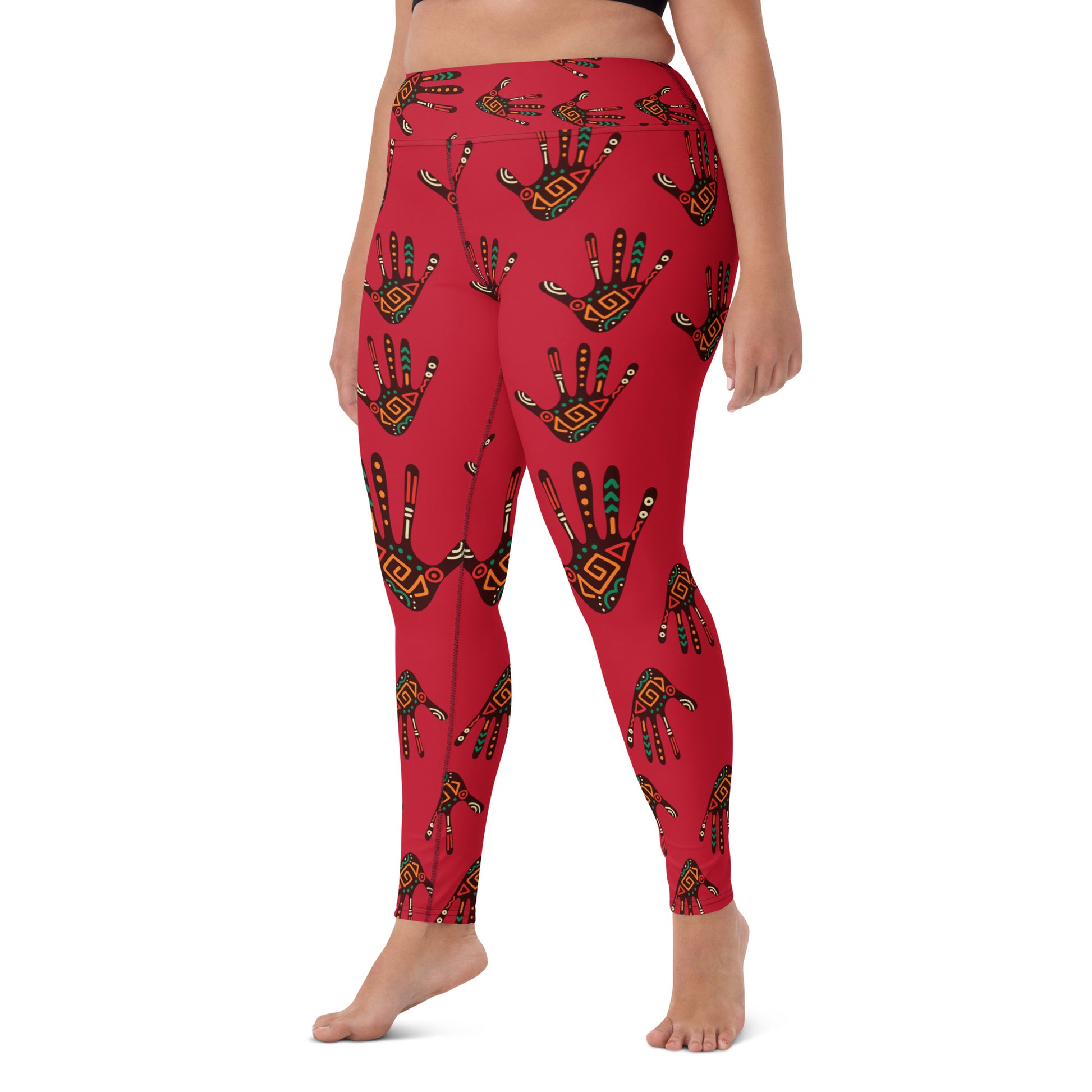 Front view of curvy woman wearing Duro Crimson Tribal Palm Print Athleisure Leggings