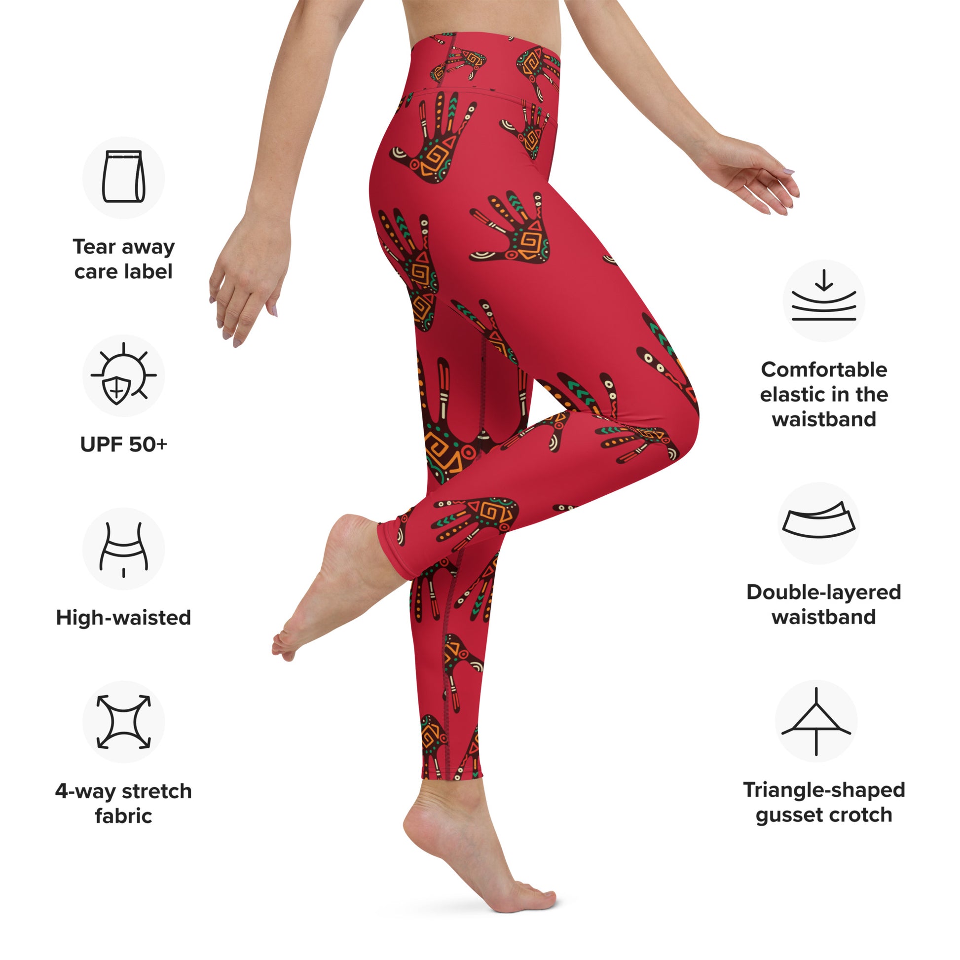 Side feature view of Duro Crimson leggings detailing comfortable elastic, double-layered waistband, triangle-shaped gusset crotch, 4-way stretch fabric, and tear-away care label.