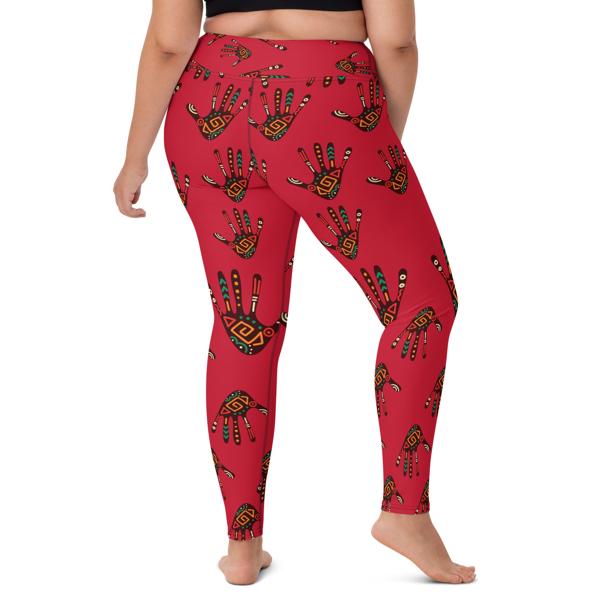 Back view of Duro Crimson Yoga Athleisure Workout Leggings, detailing the tribal palm print design