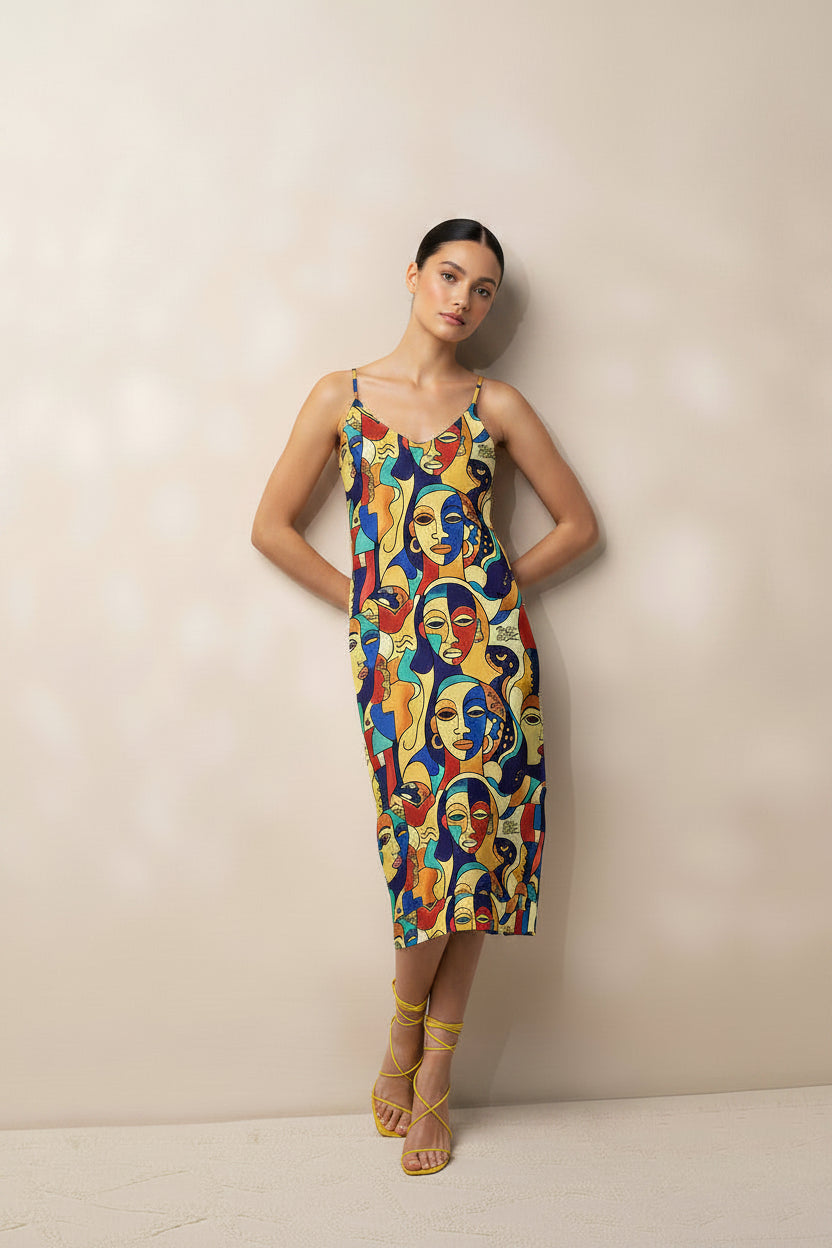 Woman wearing awon aya African print print midi dress by ASAKE-OGE  Juneteenth 2026 collection