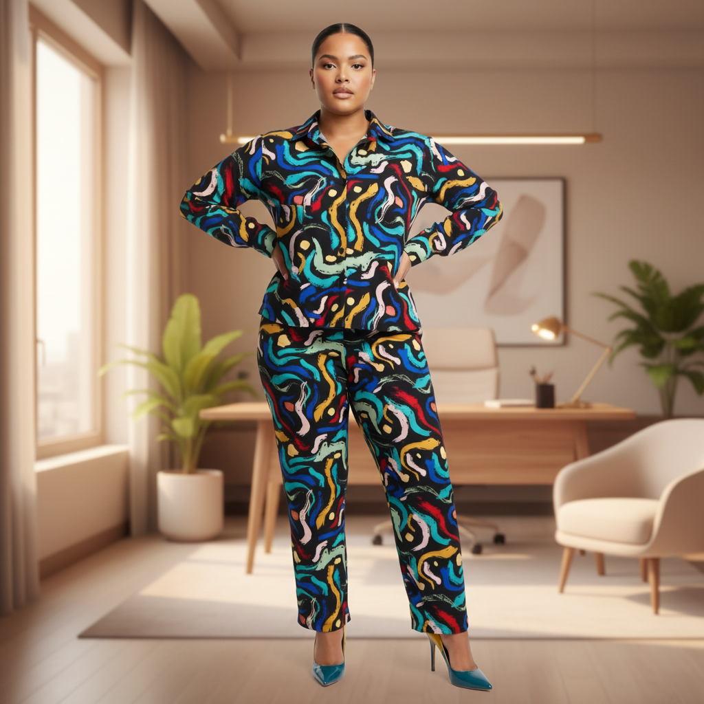 A woman stands in a modern, sunlit room wearing a matching two-piece pajama set with a bold, multicolored abstract wavy pattern. The set includes a long-sleeve button-up top and matching pants in vibrant shades of blue, red, yellow, green, and black.