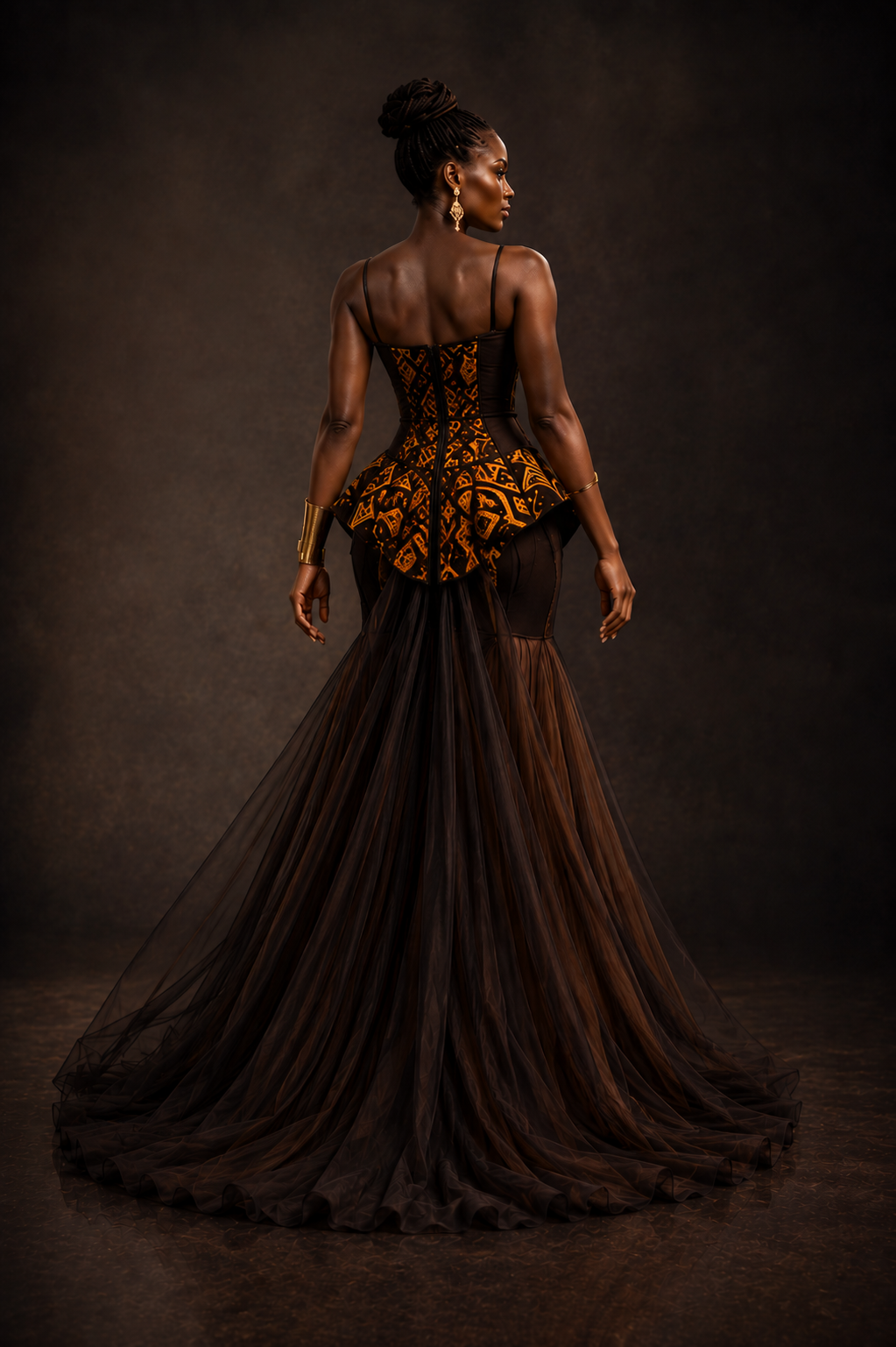 Woman in a dark brown and gold evening gown against a dark background