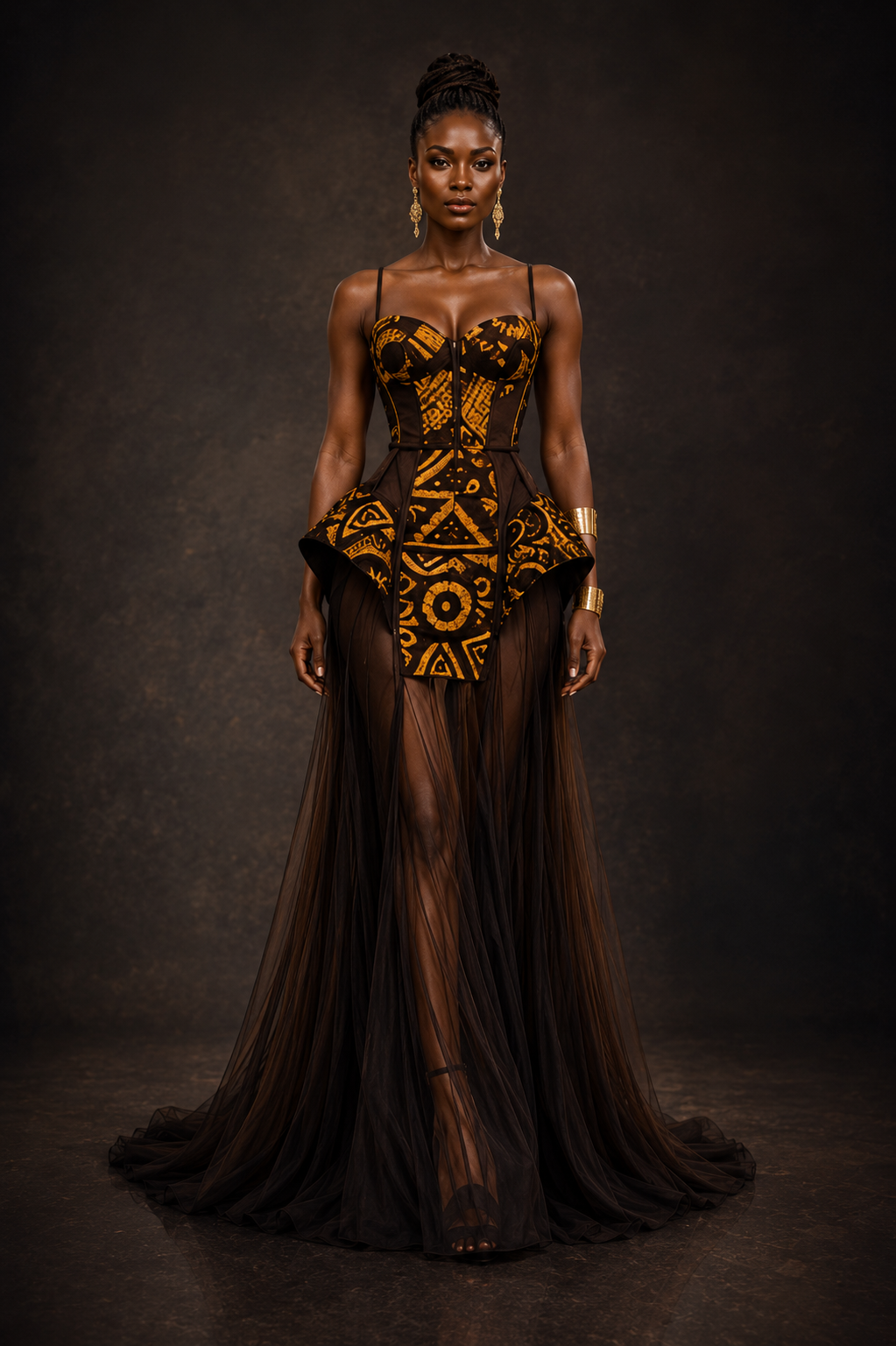 Woman wearing a dark brown dress with geometric patterns on a dark background