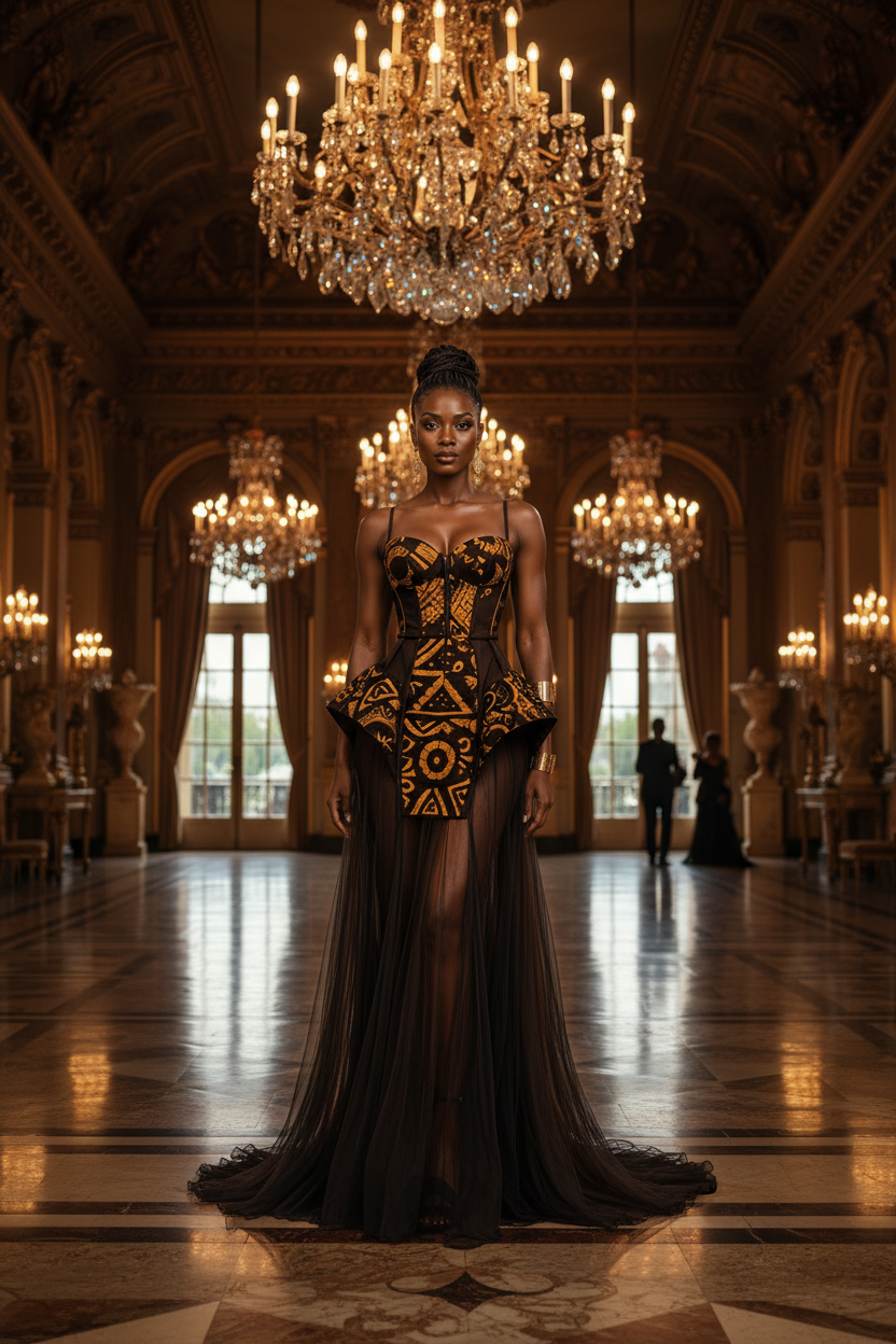 African Print Corset Evening Gown — Architectural Couture Column Dress | PRE ORDER