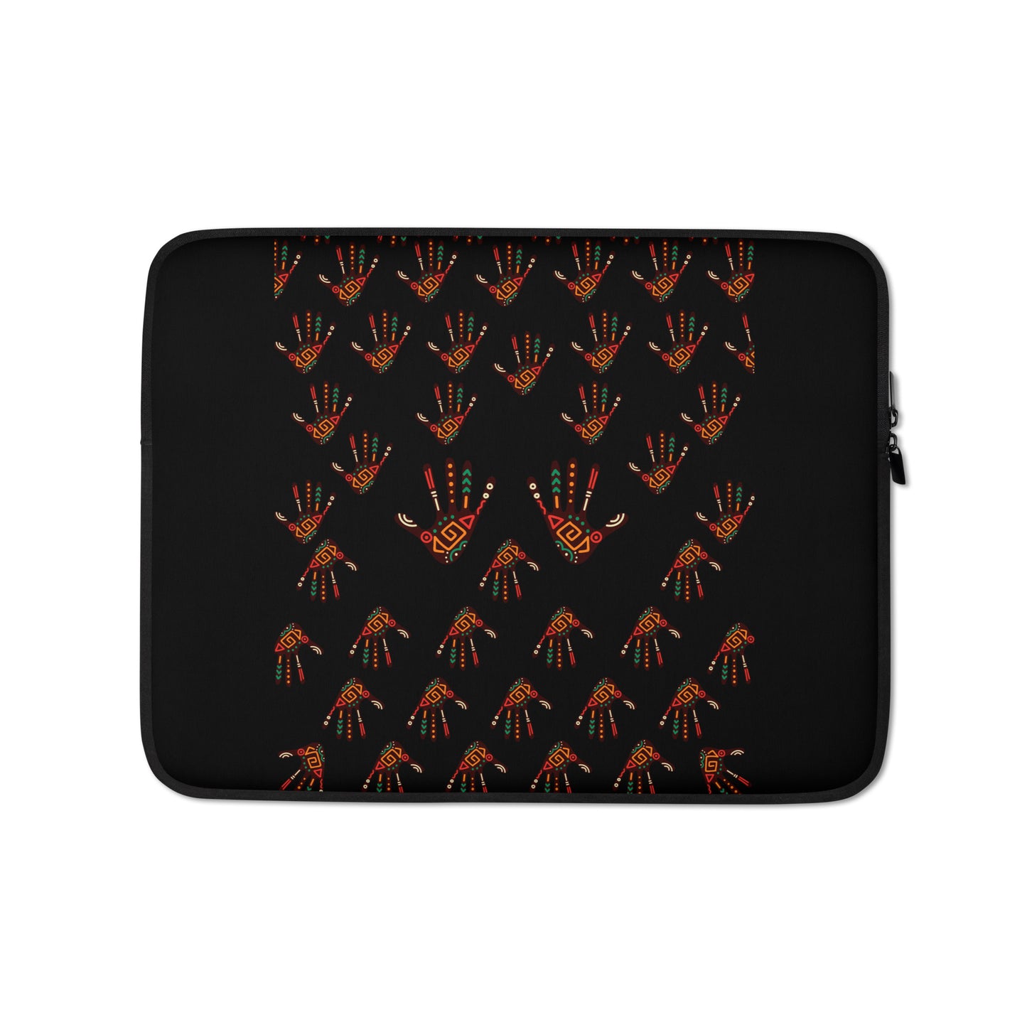 A 13 inch black laptop sleeve with a vibrant, tribal palm print design featuring brown, red, orange, green, and cream colours.