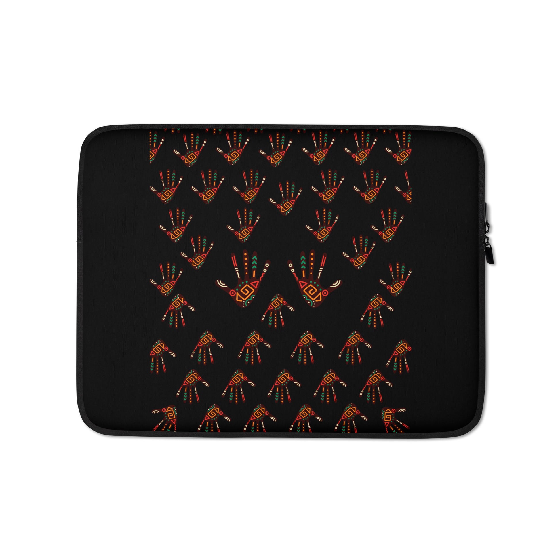 A 13 inch black laptop sleeve with a vibrant, tribal palm print design featuring brown, red, orange, green, and cream colours.