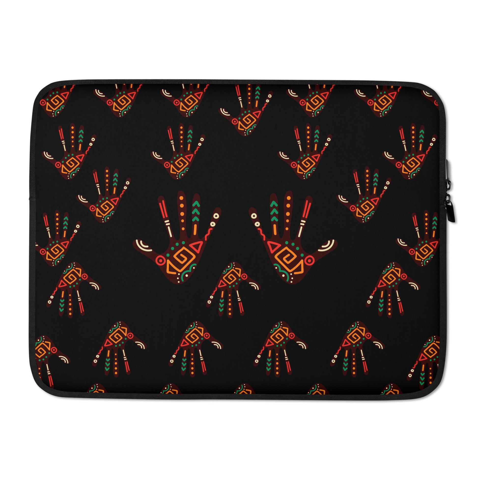 A 15 inch black laptop sleeve with a vibrant, tribal palm print design featuring brown, red, orange, green, and cream colours.