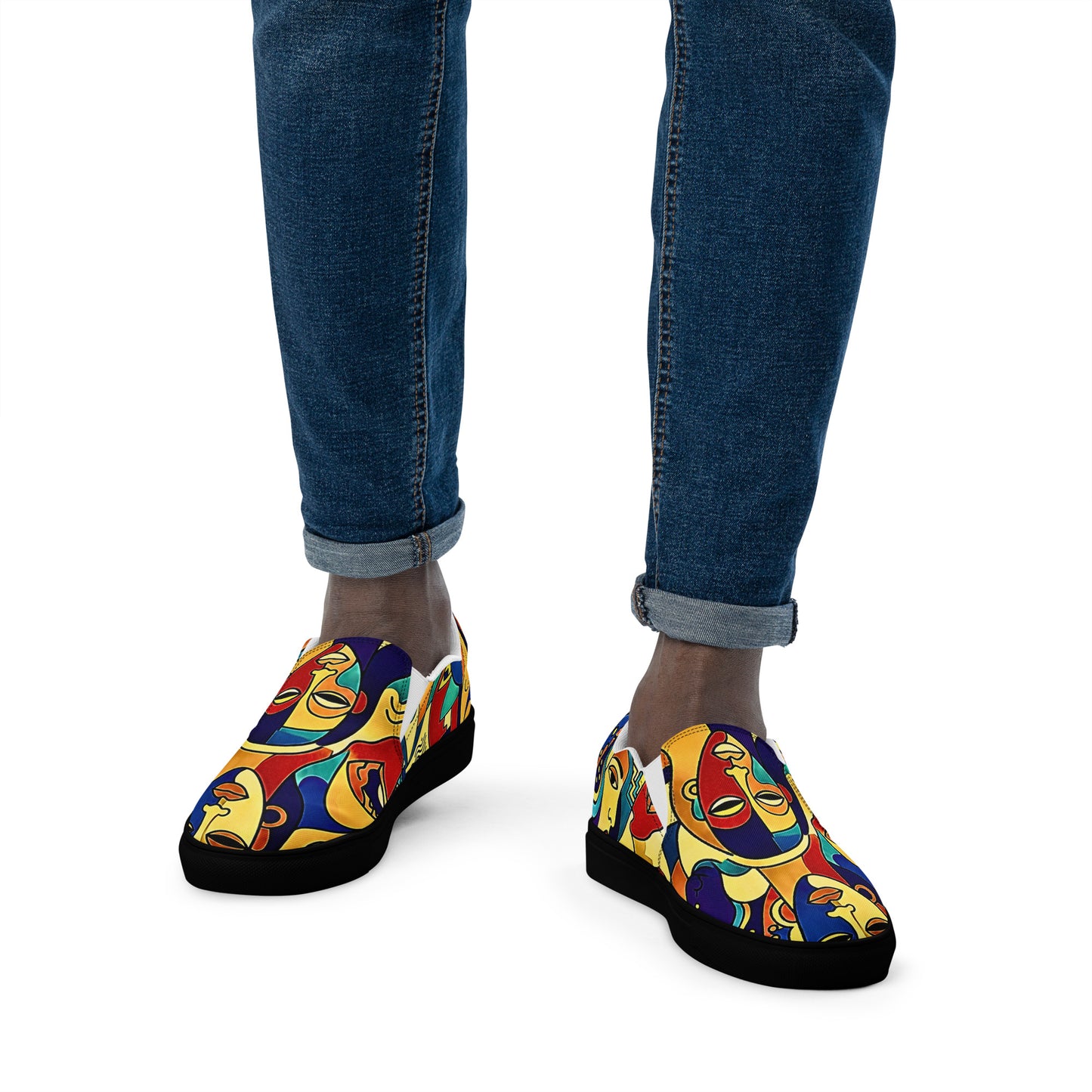 Man wearing African print slip-on canvas shoes for Juneteenth streetwear 