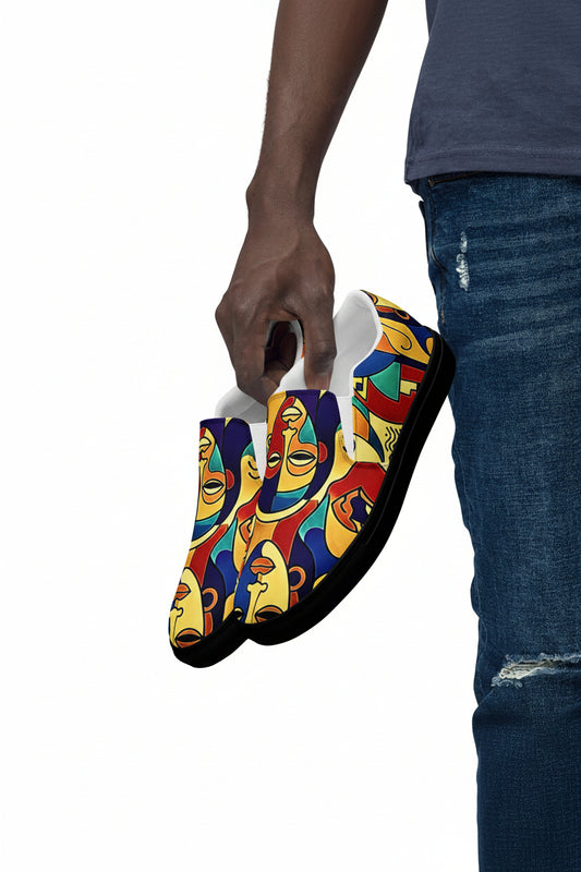 Man wearing African print slip-on canvas shoes for Juneteenth streetwear