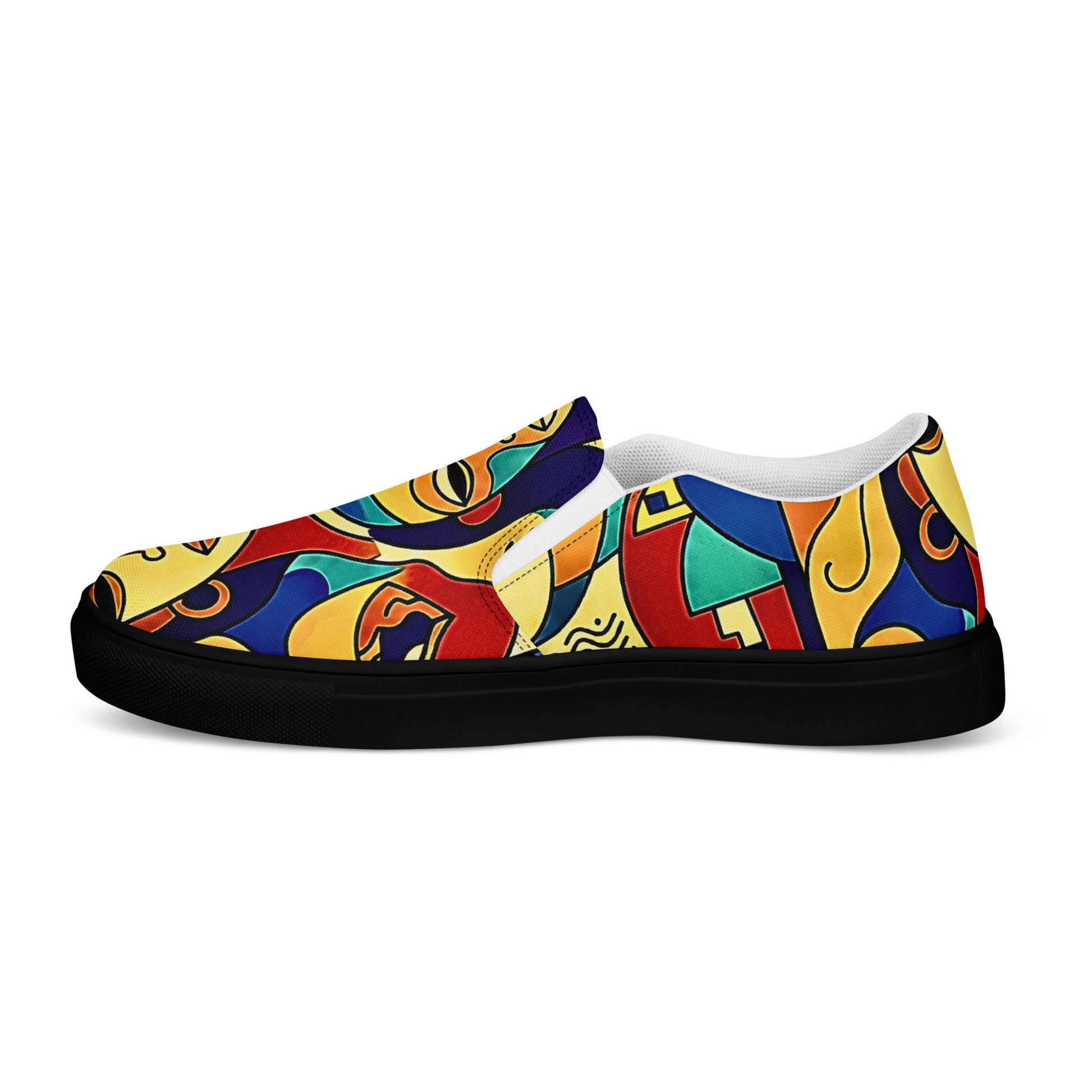 Man wearing African print slip-on canvas shoes for Juneteenth streetwear