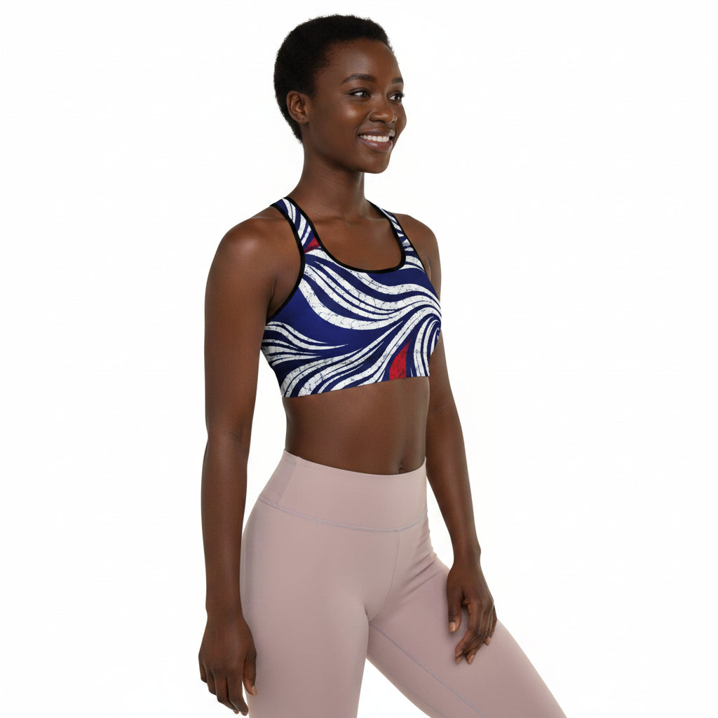 Model wearing OMI padded African print sports bra 