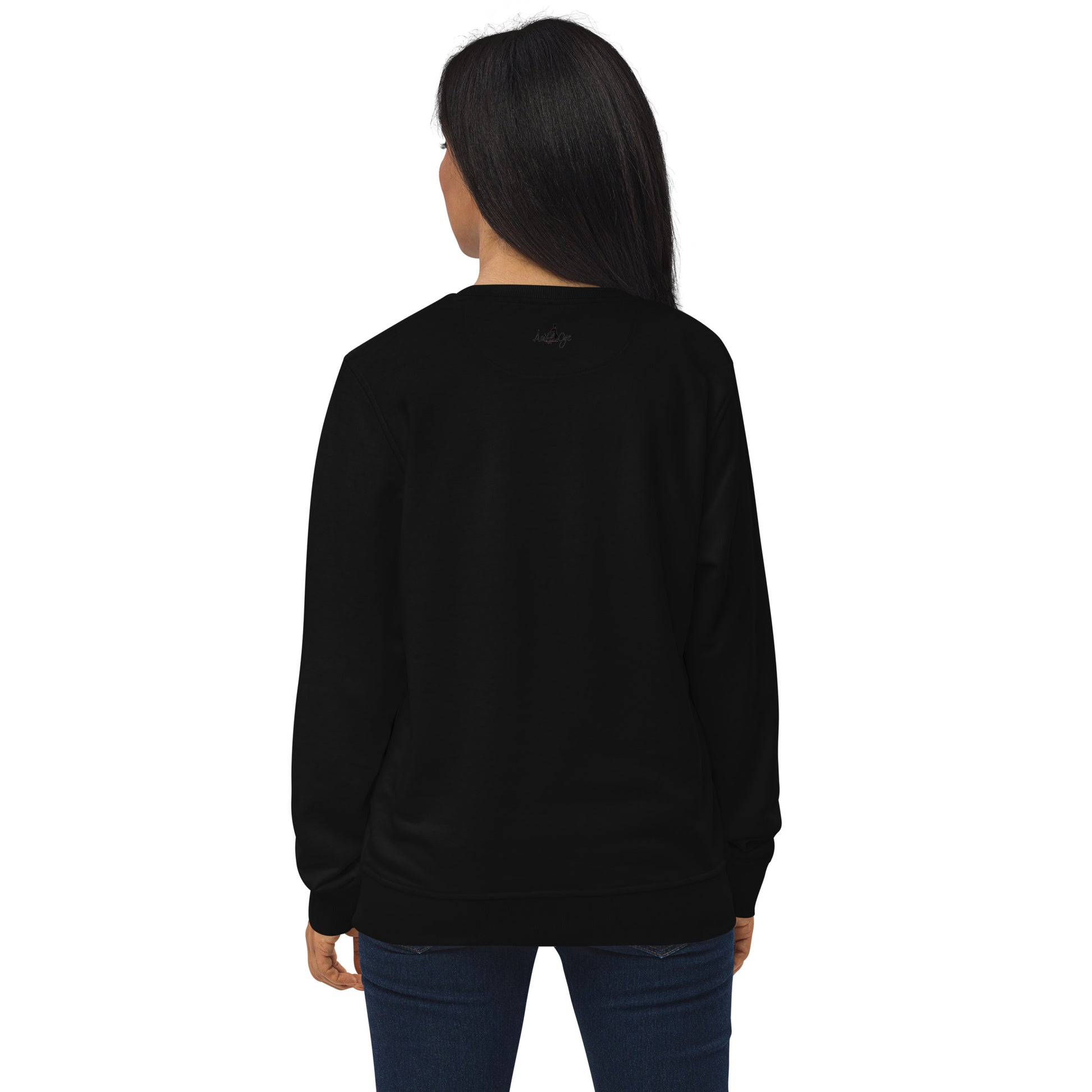 ASAKE by ASAKE-OGE black sweatshirt side silhouette — unisex relaxed fit, set-in sleeves, medium weight organic cotton