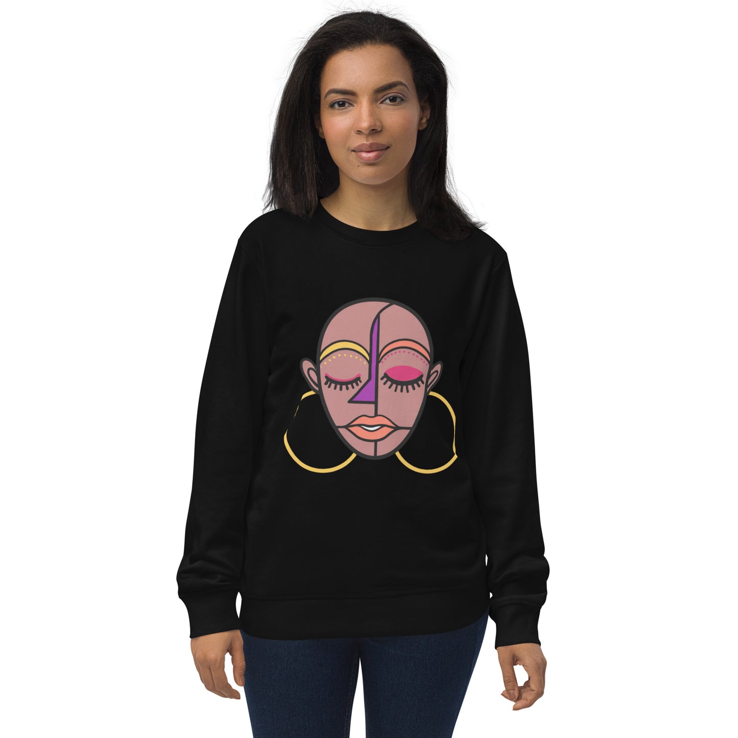 ASAKE Portrait Graphic Sweatshirt in black — organic cotton, ASAKE brand editorial illustration, front view, model wearing size S