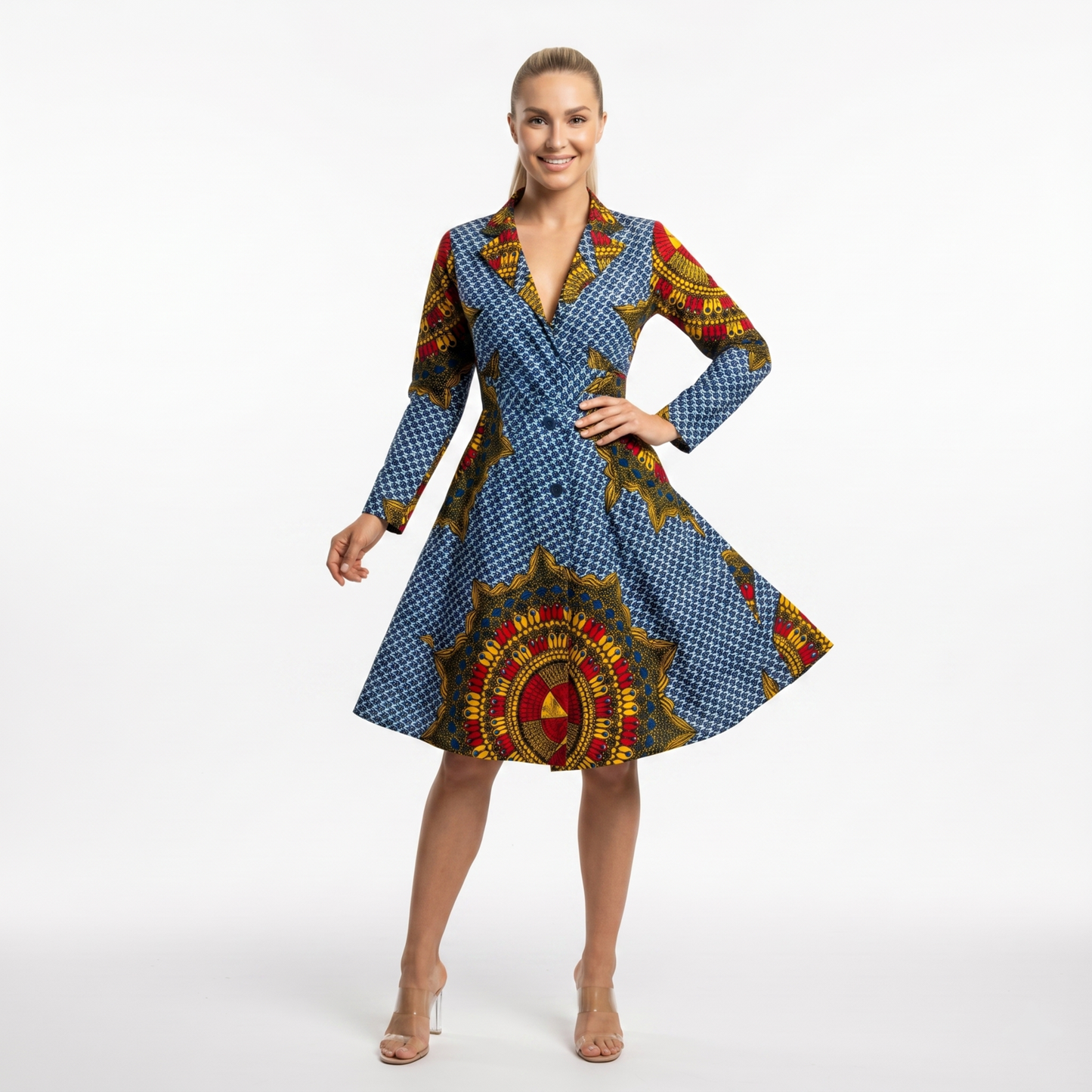 Thelma Long African Print Sleeve Button-Down Midi Wrap Ankara Dress