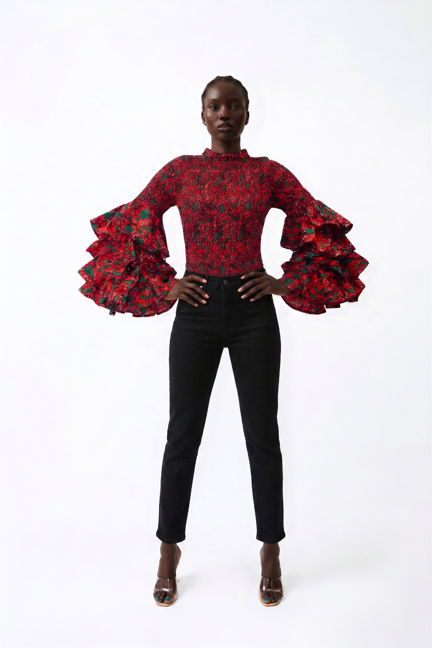 Sisi Bishop Collar Multi-Layer Long Sleeve Ankara African Print Body Suit Top