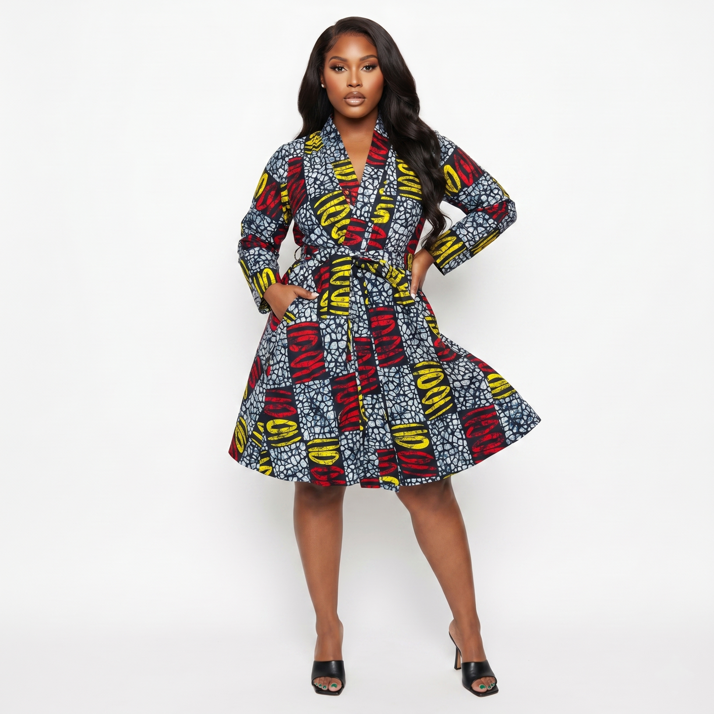 Mona-Mari Long Sleeve Ankara African Print Art Canvas Long Sleeve Wrap Dress