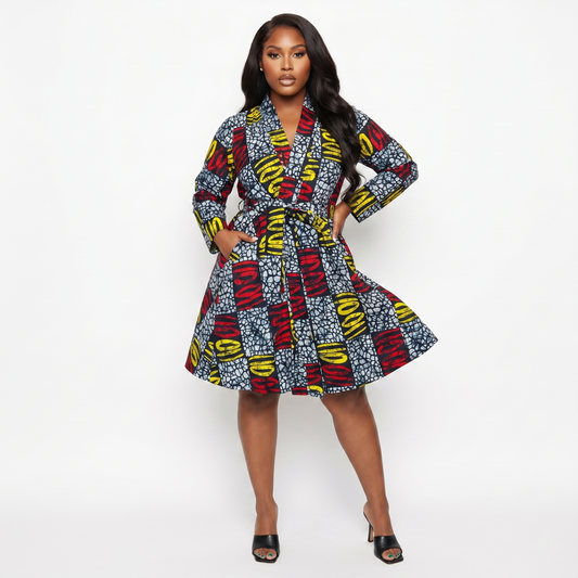 Mona-Mari Long Sleeve Ankara African Print Art Canvas Long Sleeve Wrap Dress