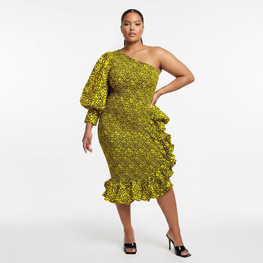 Missy Mono-Sleeve Ruffled Asymmetric Hem Midi Ankara African Print Dress