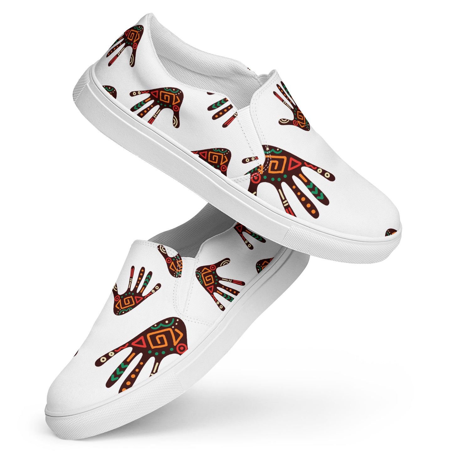Duro White Tribal Palm Print Women's Slip-On Canvas Shoes - Breathable