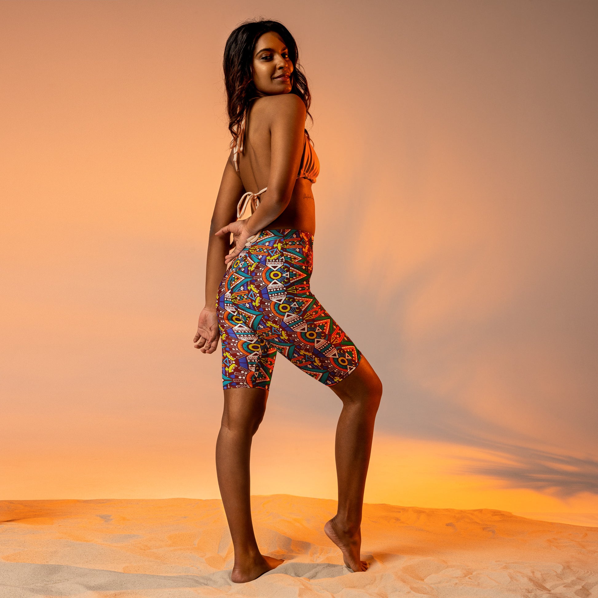 African Print Biker Shorts, High Waist Aztec Print | ASAKE-OGE