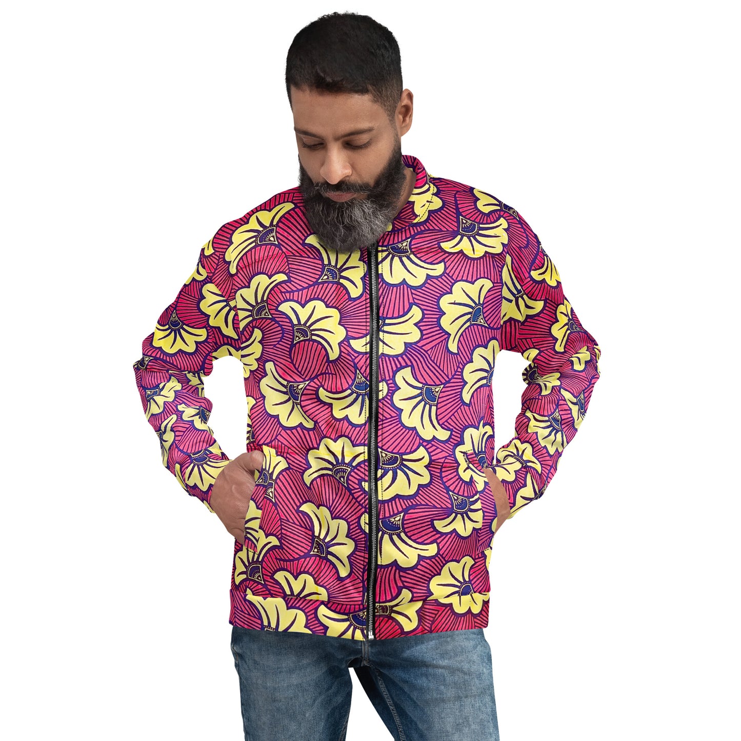 A man wearing a multicolored bomber jacket with an all-over print design featuring a geometric pattern.