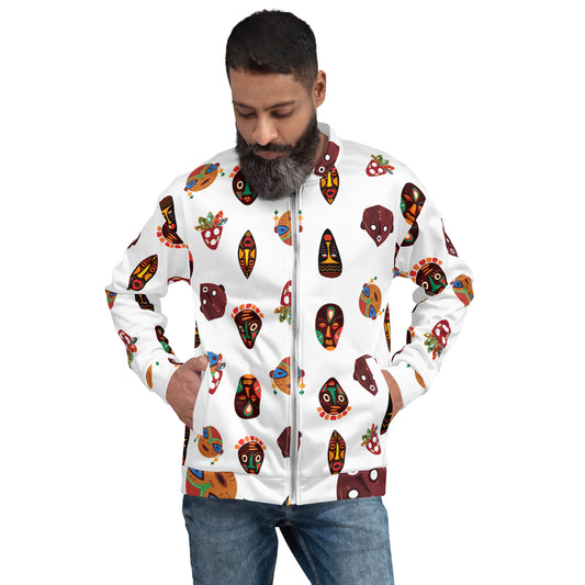 A man wearing a white bomber jacket with a colorful geometric mask pattern.