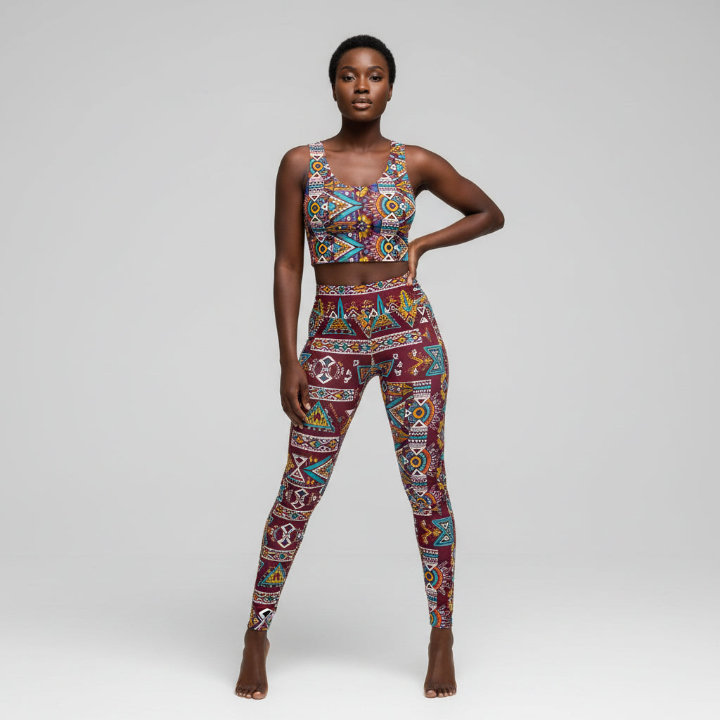A model stands against a light gray studio background wearing a matching two-piece activewear set with a colorful geometric tribal-style print. The set includes a sleeveless crop top and high-waisted leggings in a maroon base with red, blue, yellow, green, and white patterned bands.