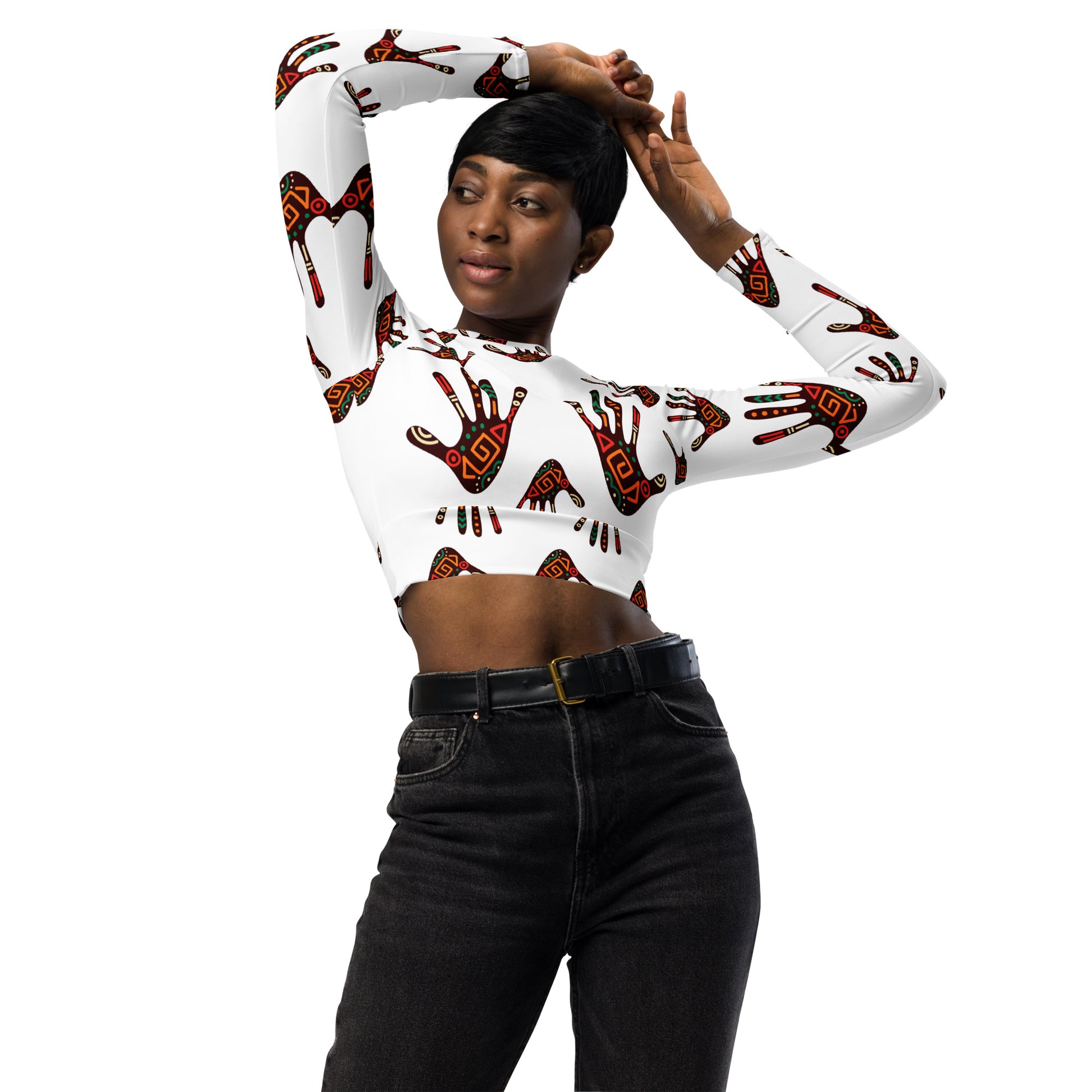 African Print Women's Long Sleeve Crop Top: Recycled UPF50+ | ASAKE-OGE