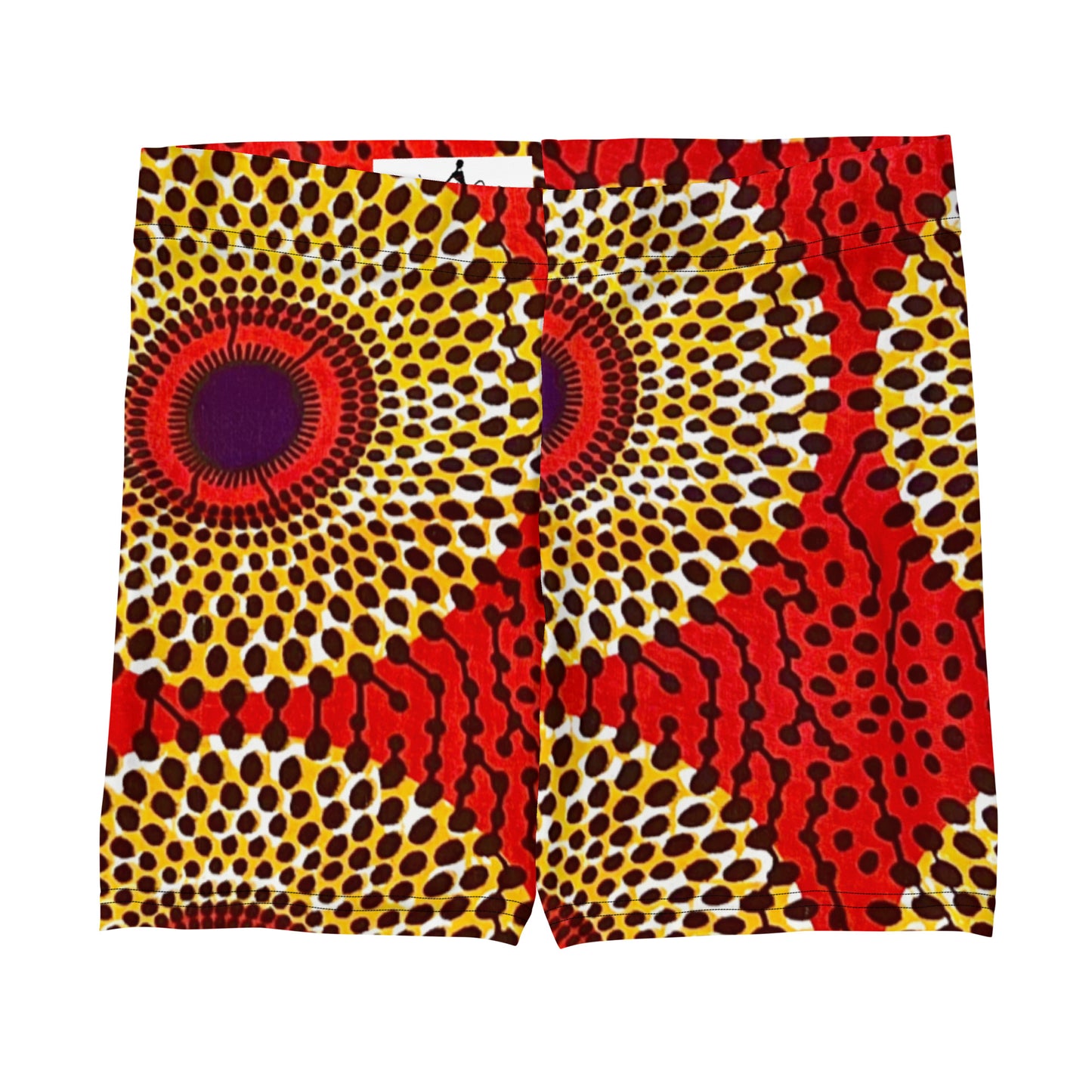 Laid out Rekiana African print athleisure sport shorts with Asake Oge logo in the waistband
