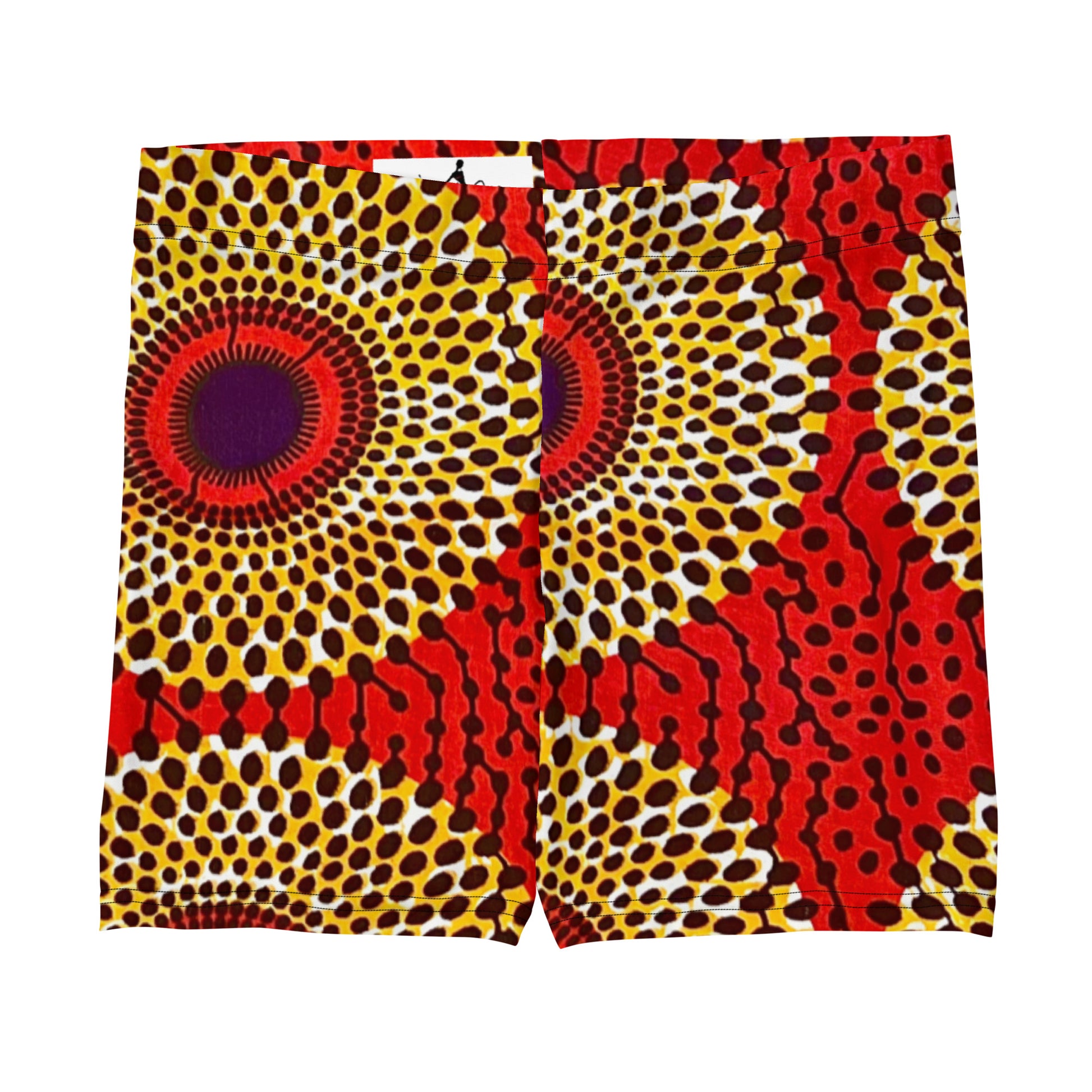 Laid out Rekiana African print athleisure sport shorts with Asake Oge logo in the waistband