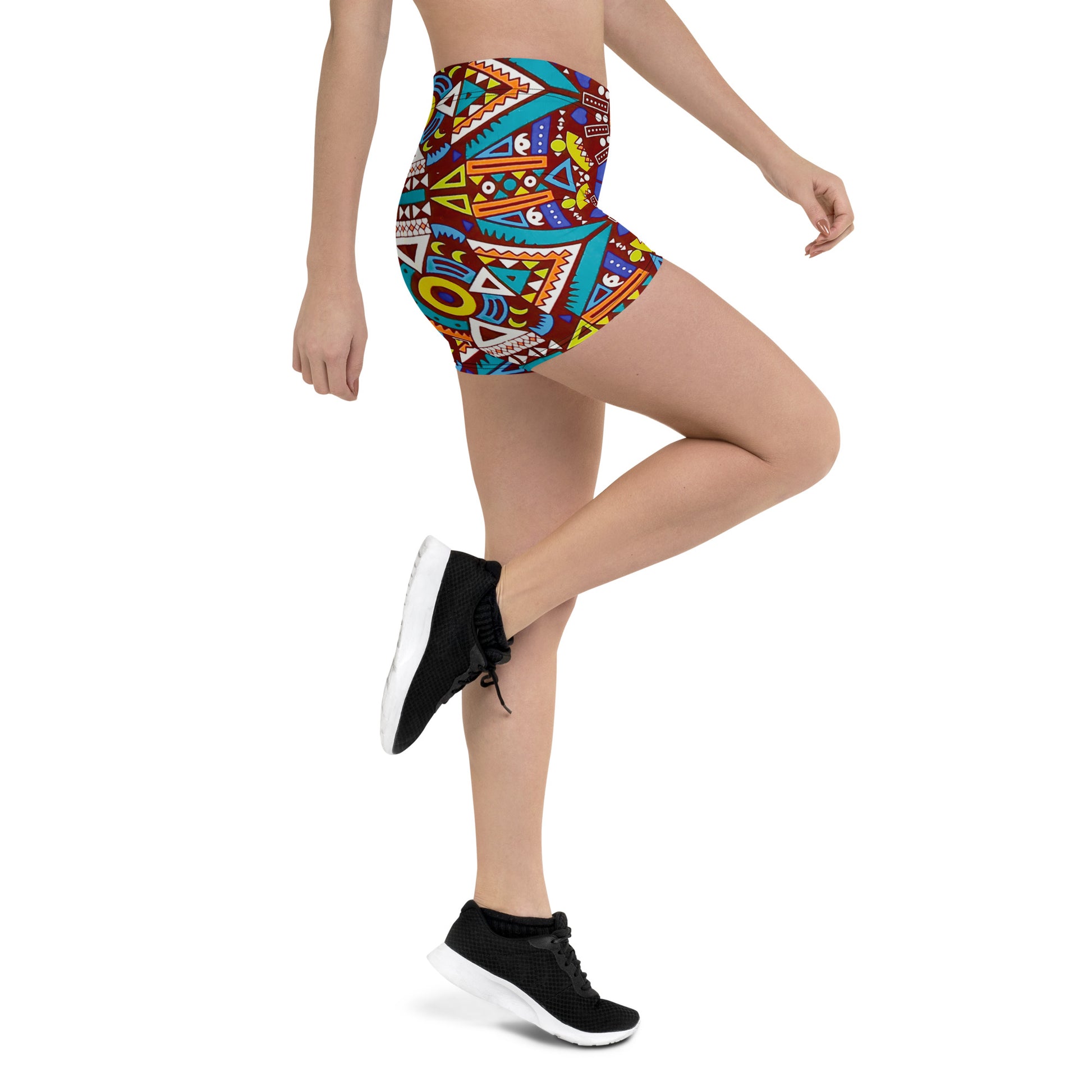 African Print Women's Yoga Shorts: Tozi Tribal High-Waist | ASAKE-OGE