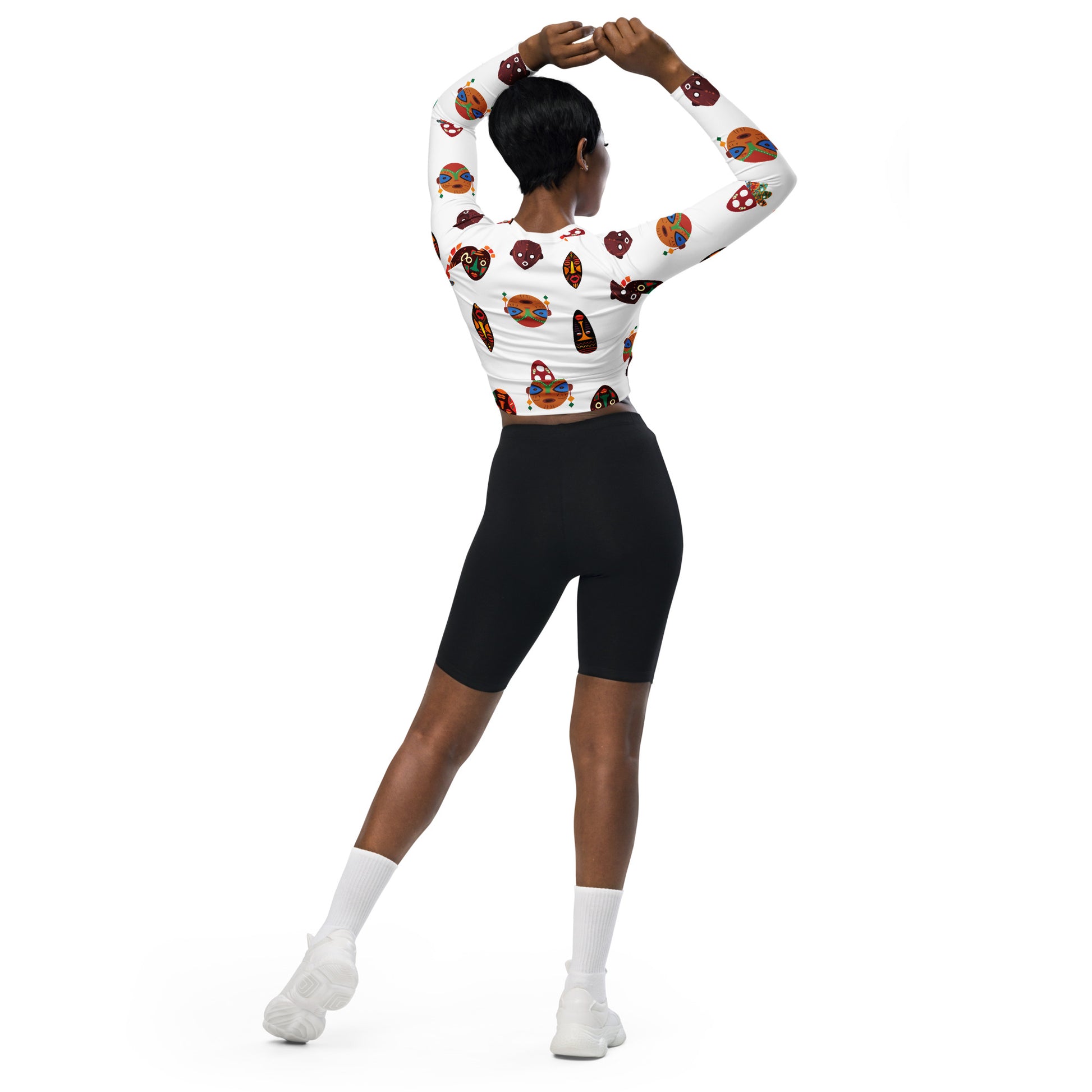 Chi Mask Motif Recycled African Print Long Sleeve Crop Top