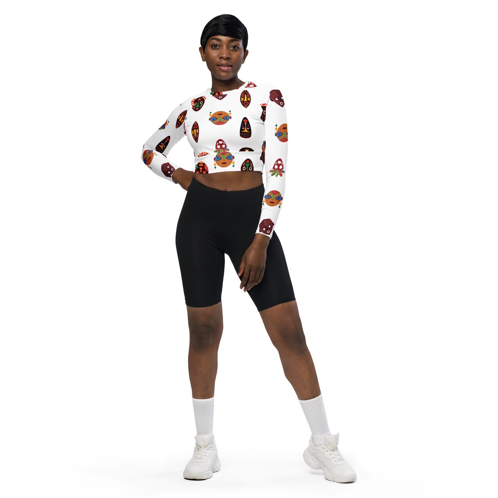 Chi Mask Motif Recycled African Print Long Sleeve Crop Top