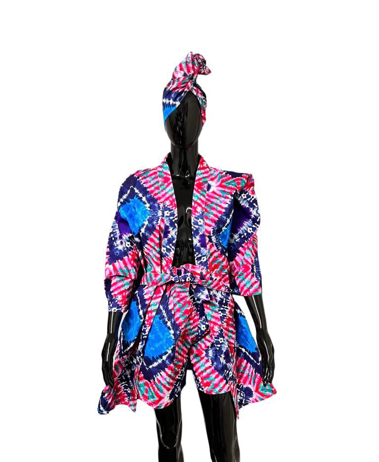 Kavazi Kimono African Print Duster with Shorts & Belt Set