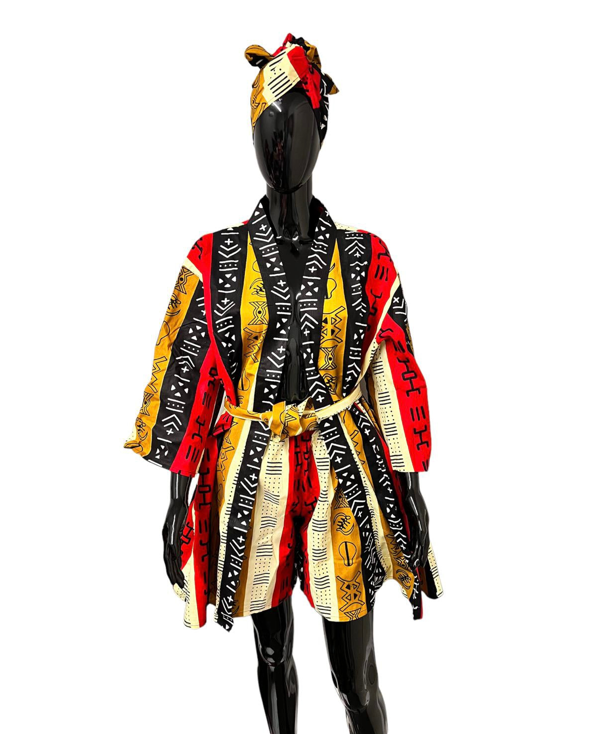 Kavazi Kimono African Print Duster with Shorts & Belt Set
