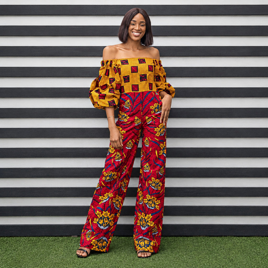 Bella Mixed Print Off Shoulder Bell Sleeves Red and Yellow Jumpsuit Romper