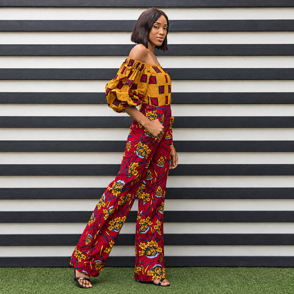 Bella Mixed Print Off Shoulder Bell Sleeves Red and Yellow Jumpsuit Romper