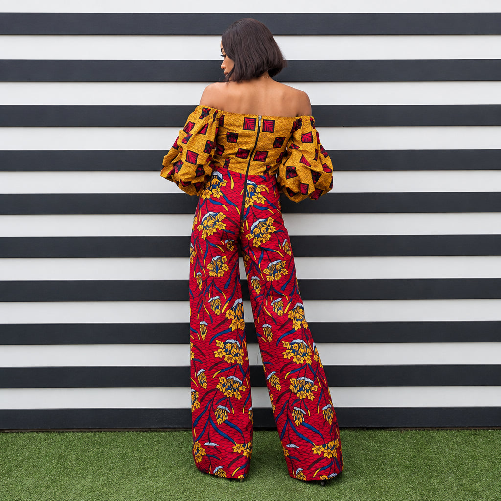 Bella Mixed Print Off Shoulder Bell Sleeves Red and Yellow Jumpsuit Romper