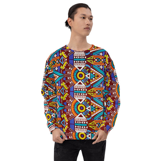 A man wearing a multicolored geometric-patterned Tozi African Print Unisex Sweatshirt