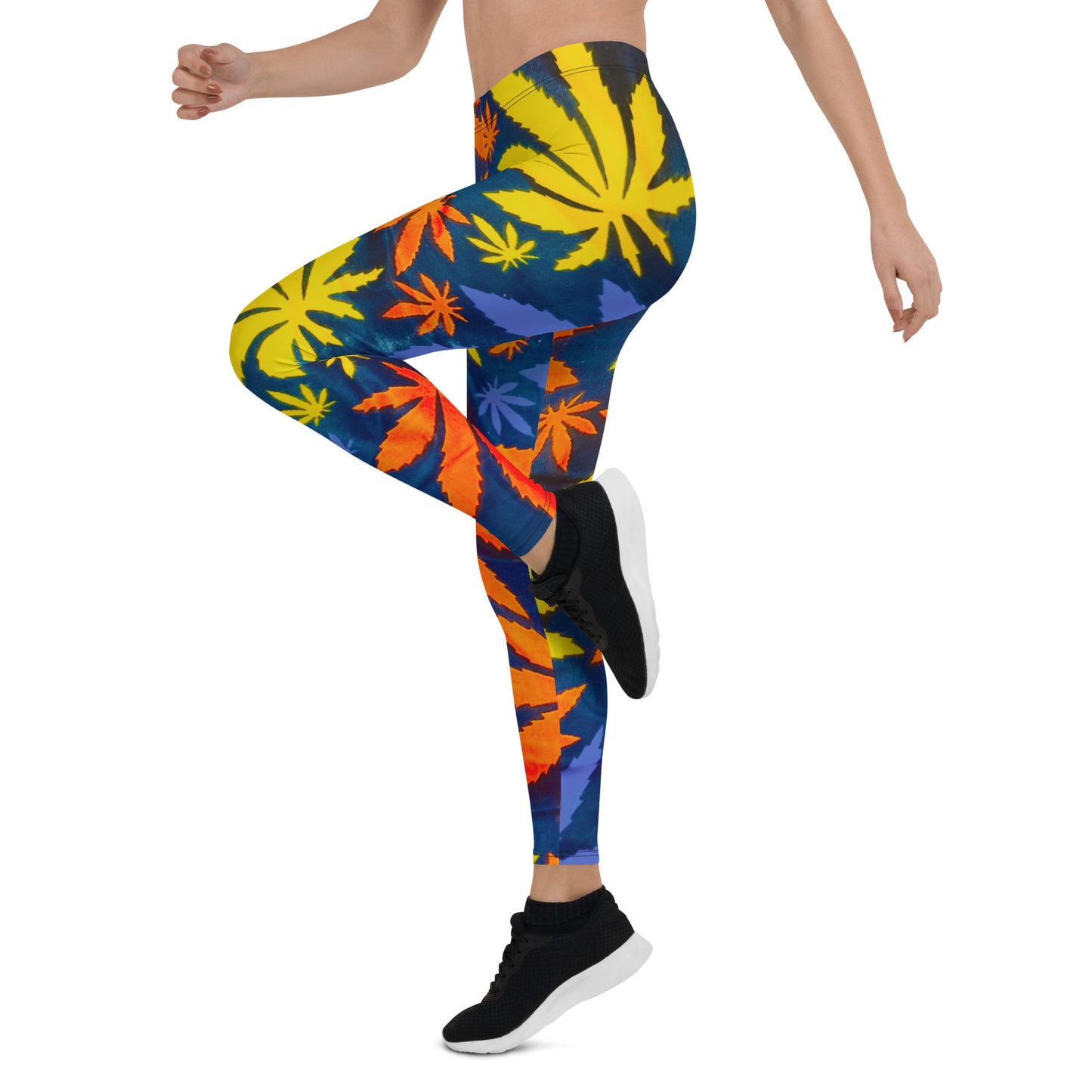 Movement-flexible fit of Mari Yoga Workout Leggings displayed by a woman wearing it with one leg raised and arms swinging