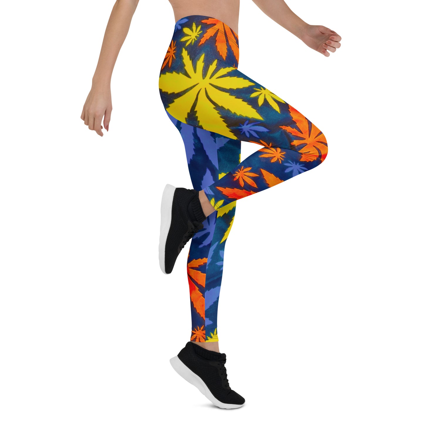 Side view of woman wearing Mari Yoga Workout Sport Leggings; one leg raised and arms swinging