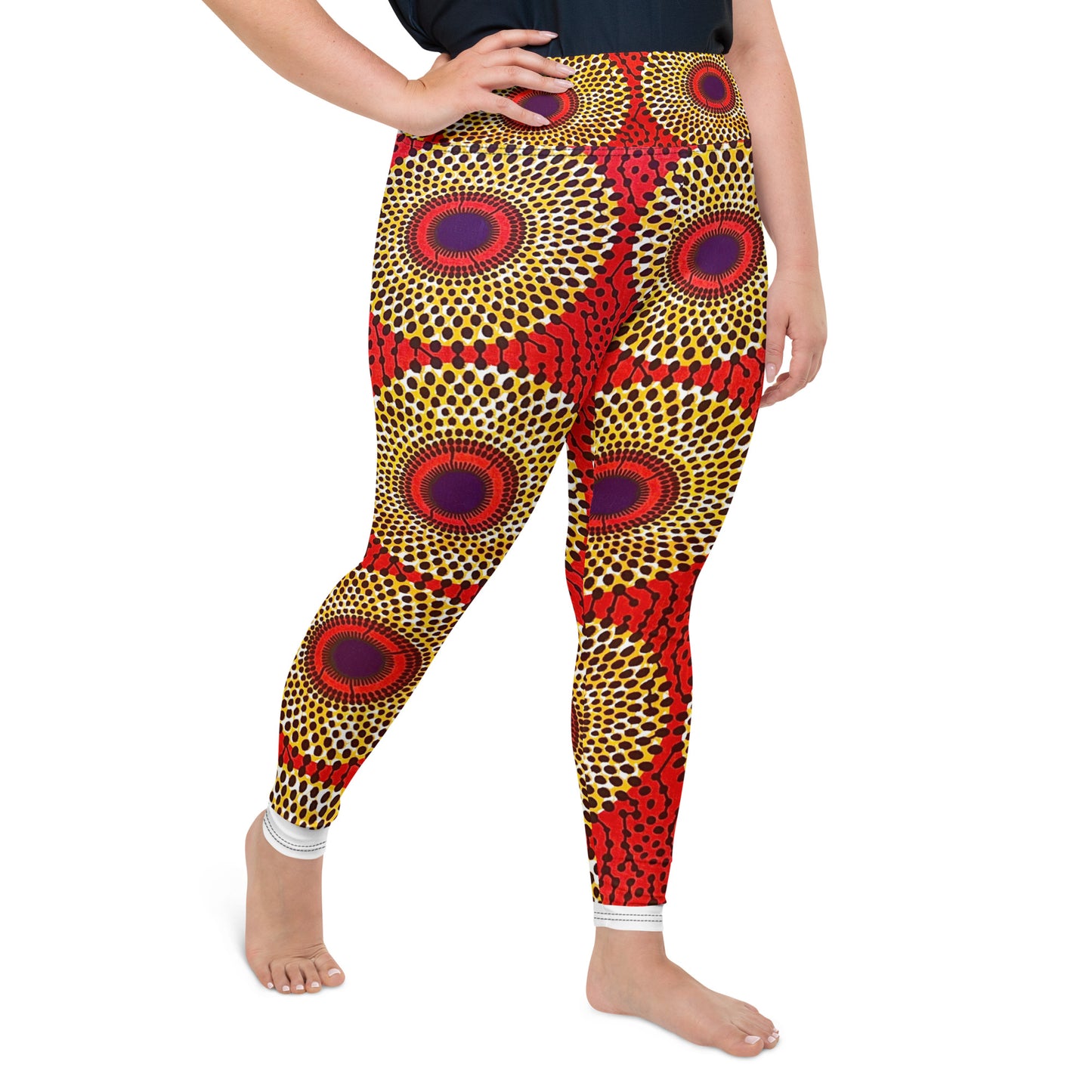 Side view of woman wearing vibrant colored, geometric-pattern Rekiana Ankara print plus-size leggings