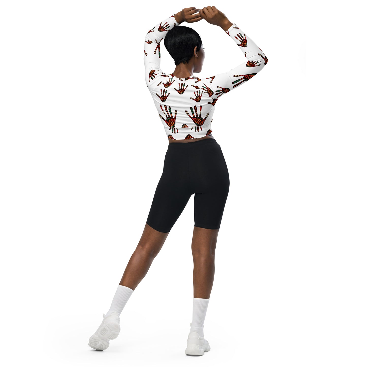 Duro Kinetic Tribal Palm Print Recycled Long Sleeve Crop Top - Stretch