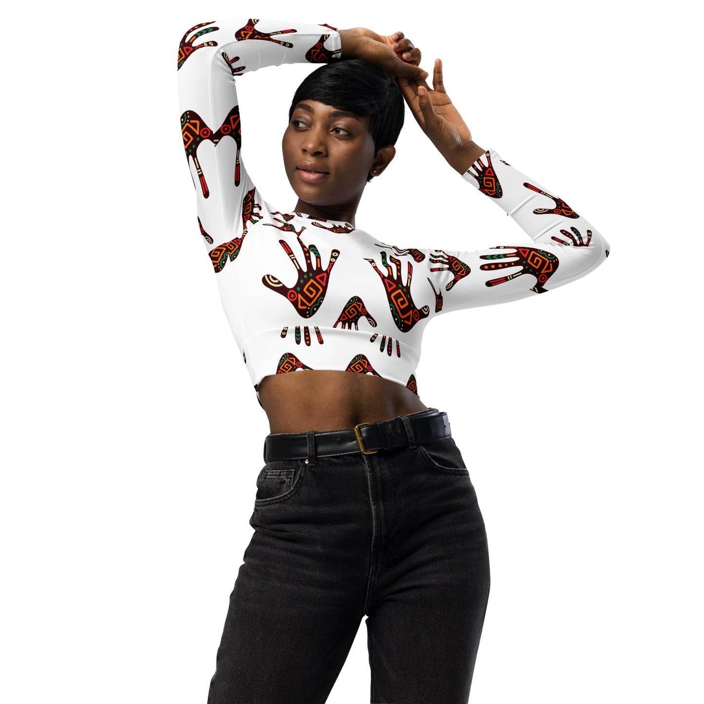 Duro Kinetic Tribal Palm Print Recycled Long Sleeve Crop Top - Stretch
