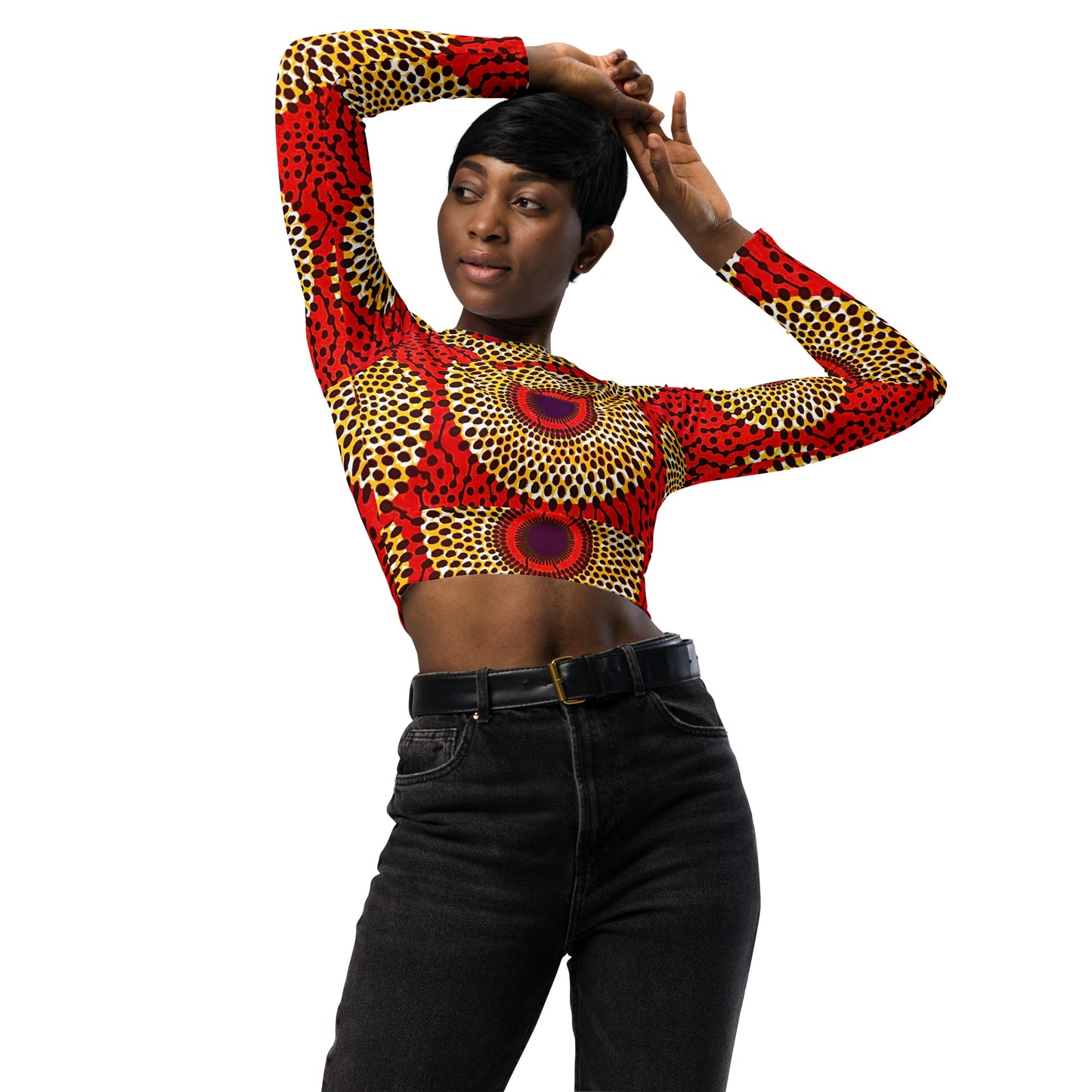 Rekiana Sunburst Ankara Print Recycled Long Sleeve Crop Top - Stretch