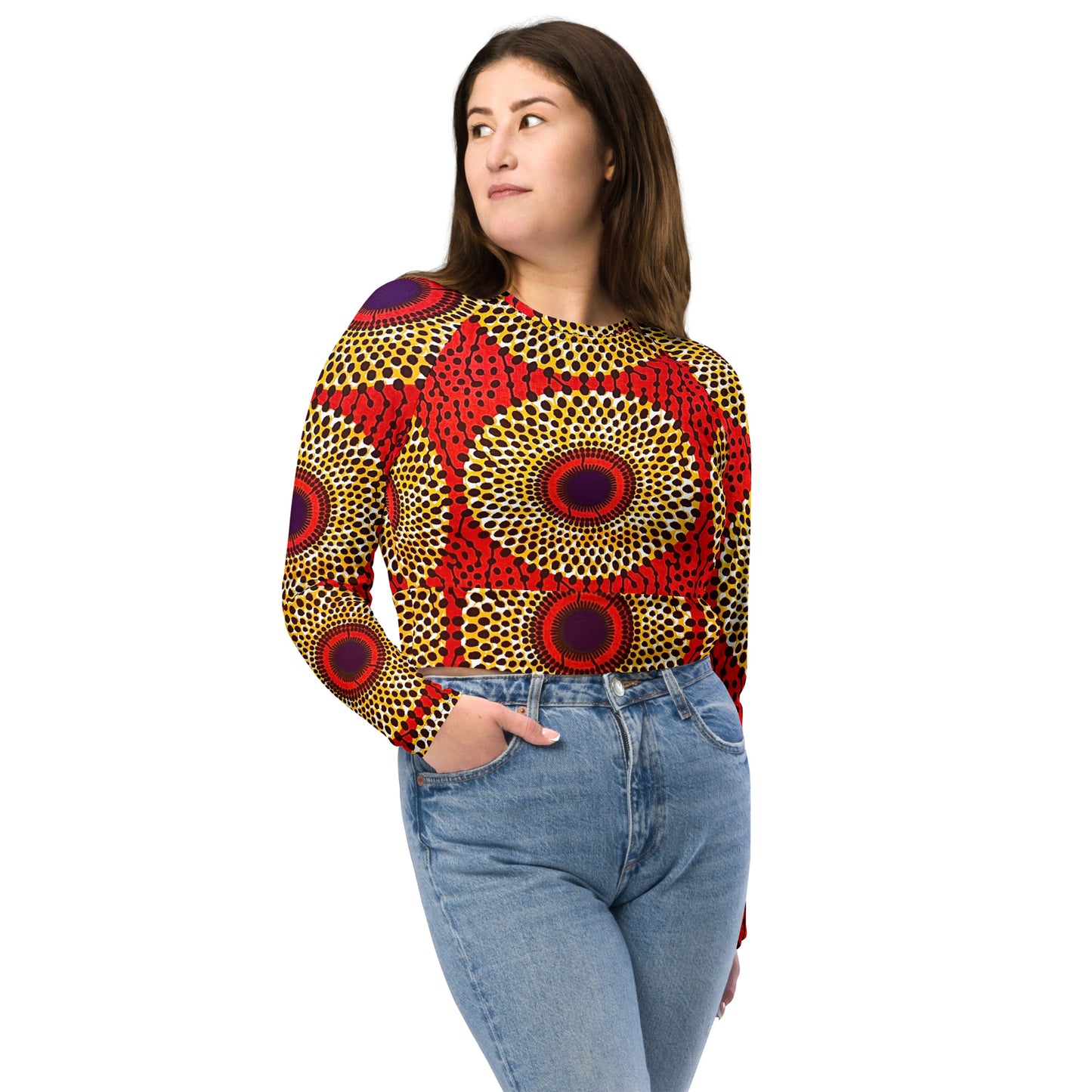 Rekiana Sunburst Ankara Print Recycled Long Sleeve Crop Top - Stretch