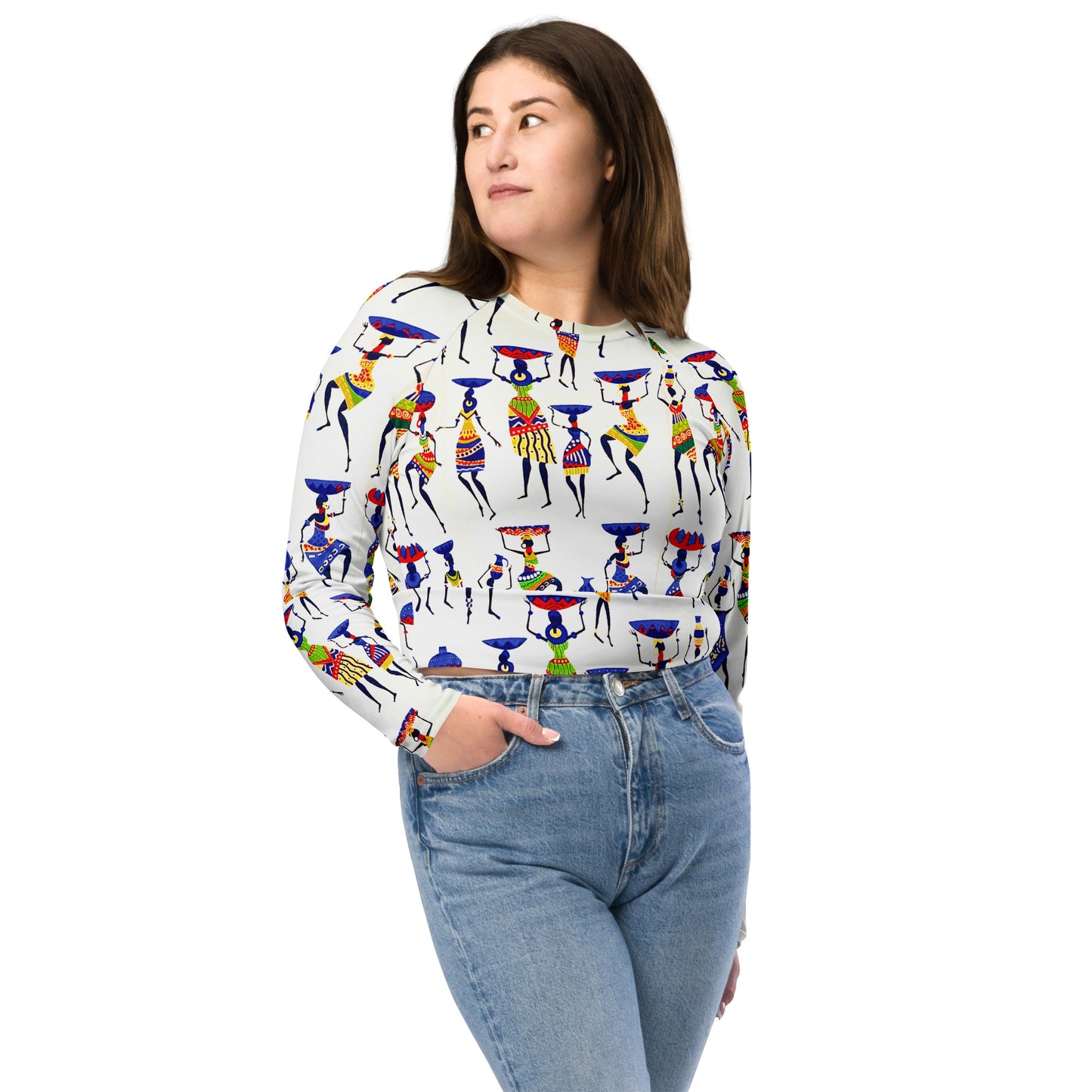 Yeye Artisan Print Women’s Recycled Long Sleeve Crop Top - High Performance