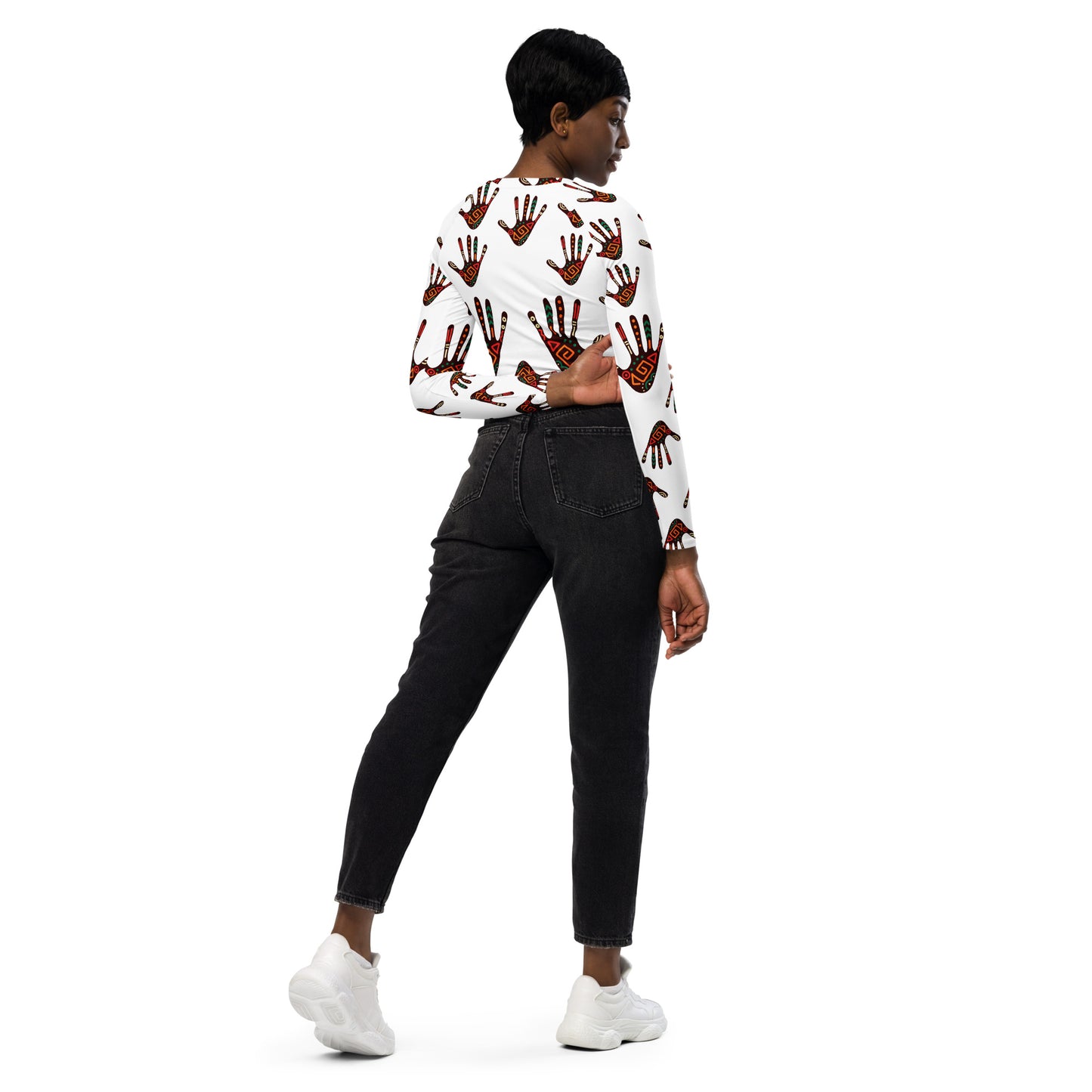 Duro Kinetic Tribal Palm Print Recycled Long Sleeve Crop Top - Stretch