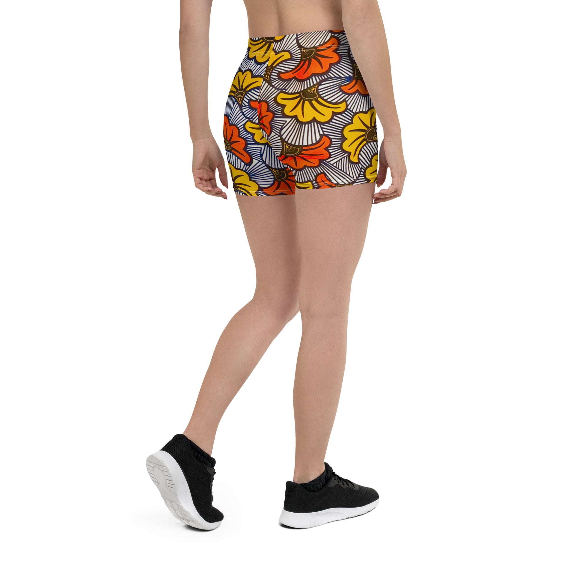 Back view of woman wearing Adun floral ankara sports shorts